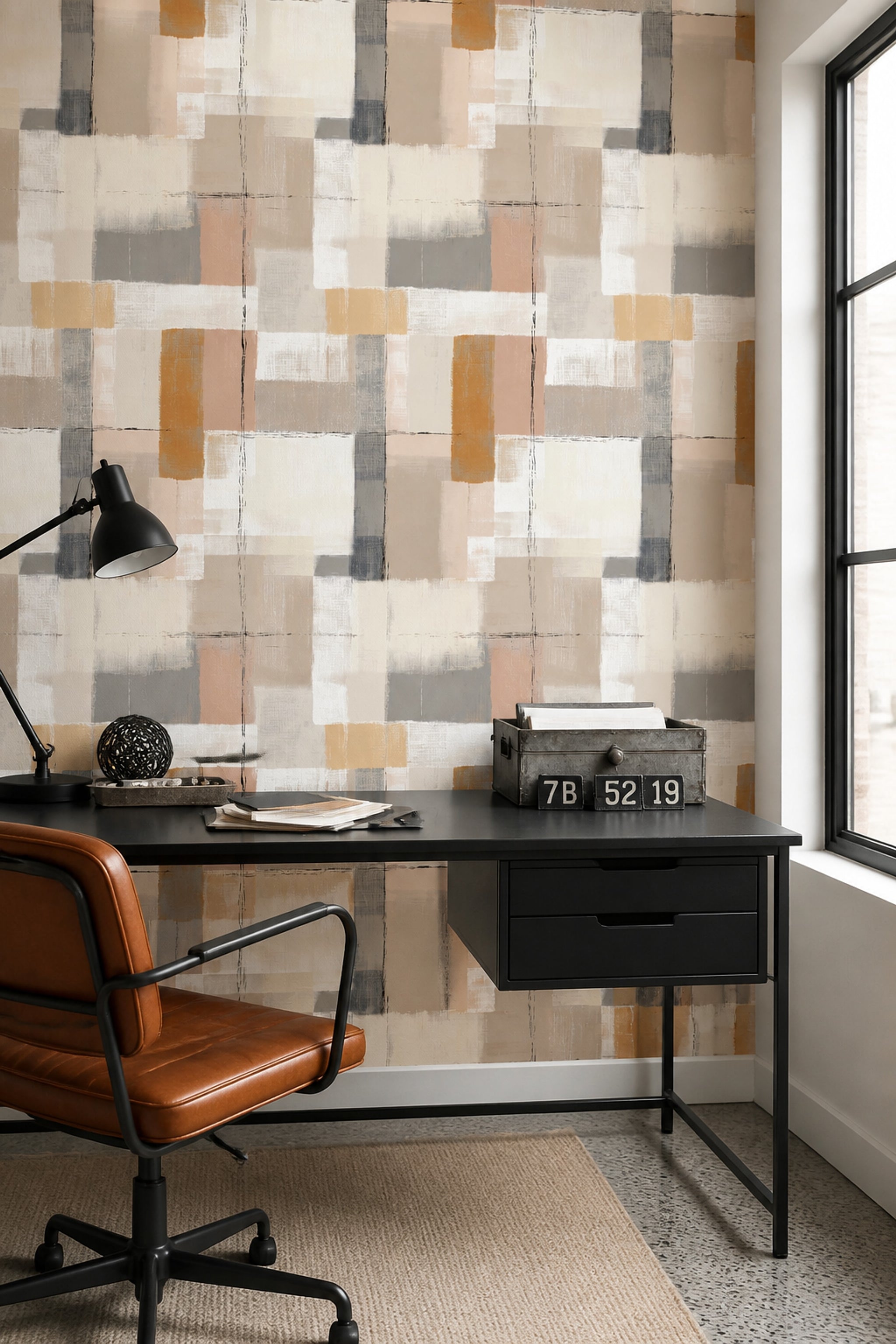 Soyut Kareli Duvar Kağıdı Bej Gri Modern Salon
