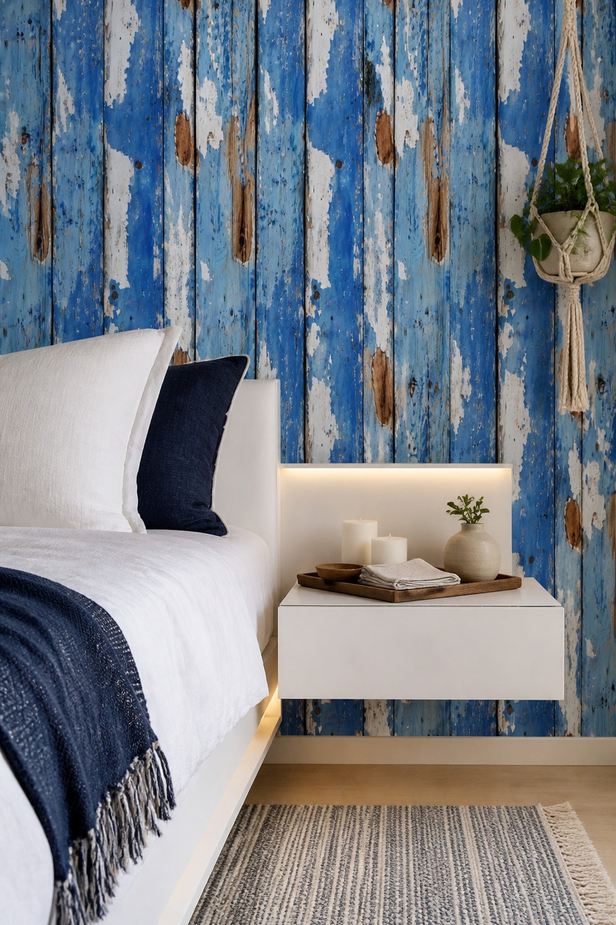Eskitme Mavi Ahşap Görünümlü Duvar Kağıdı Yatak Odası