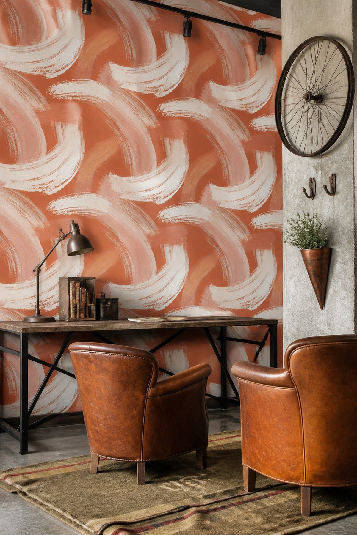 Soyut Fırça Darbeli Duvar Kağıdı Terracotta Beyaz Salon