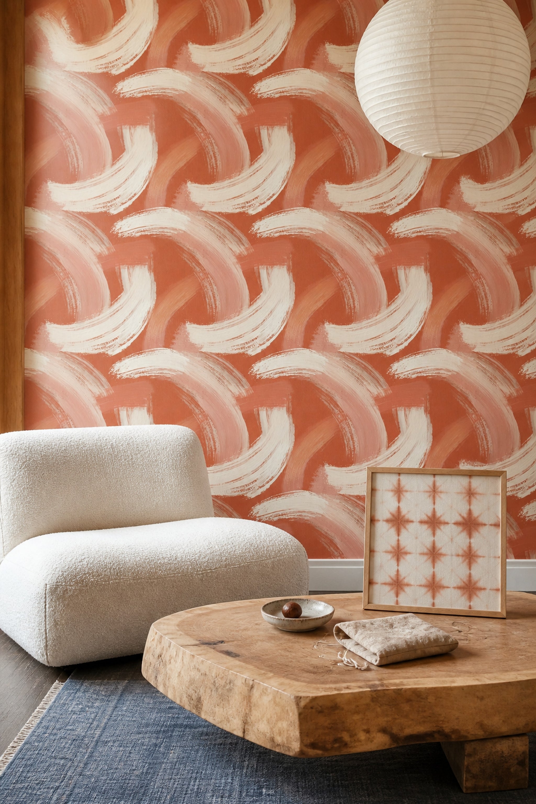 Soyut Fırça Darbeli Duvar Kağıdı Terracotta Beyaz Salon