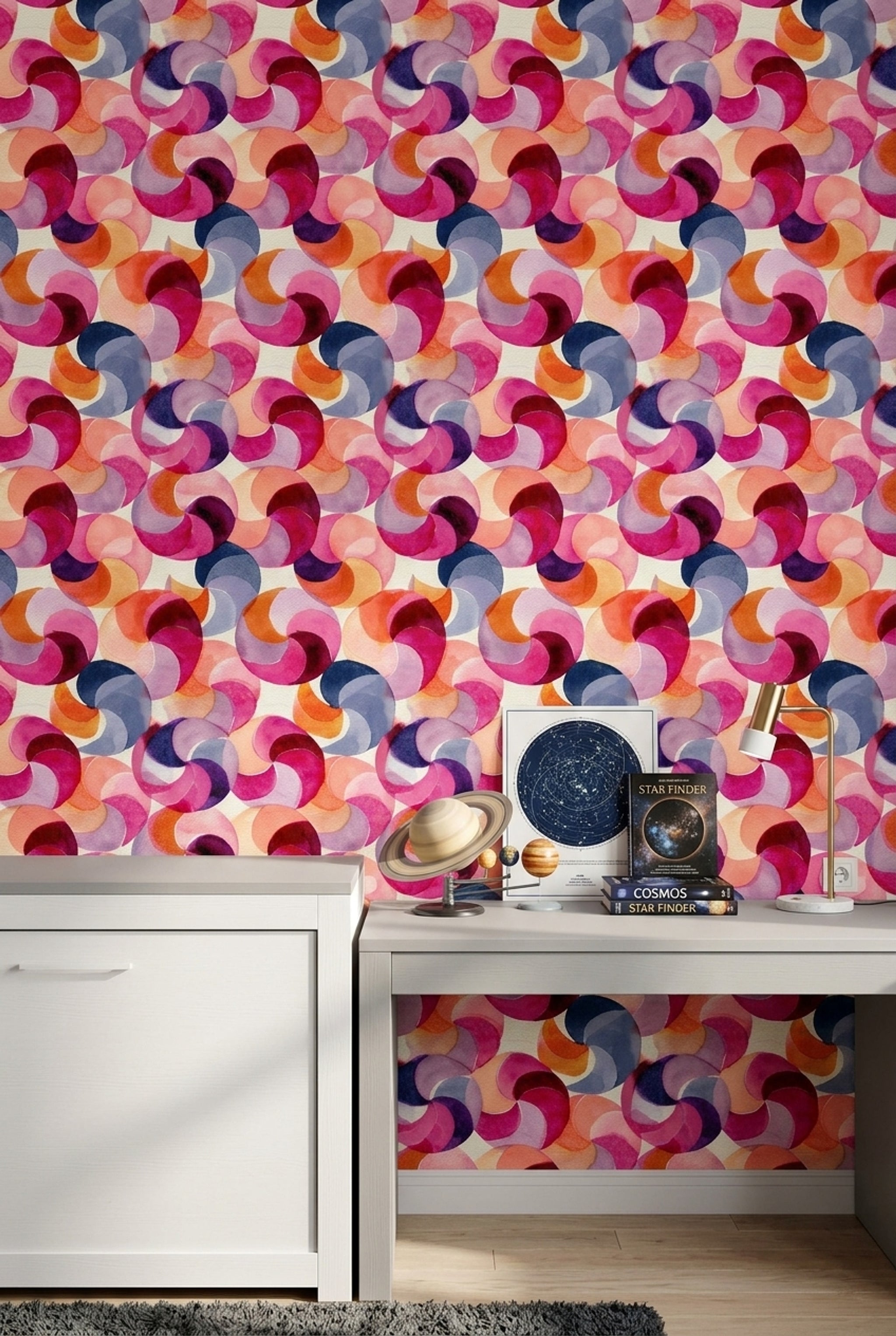 Renkli Geometrik Duvar Kağıdı Modern Dairesel Desenli Salon