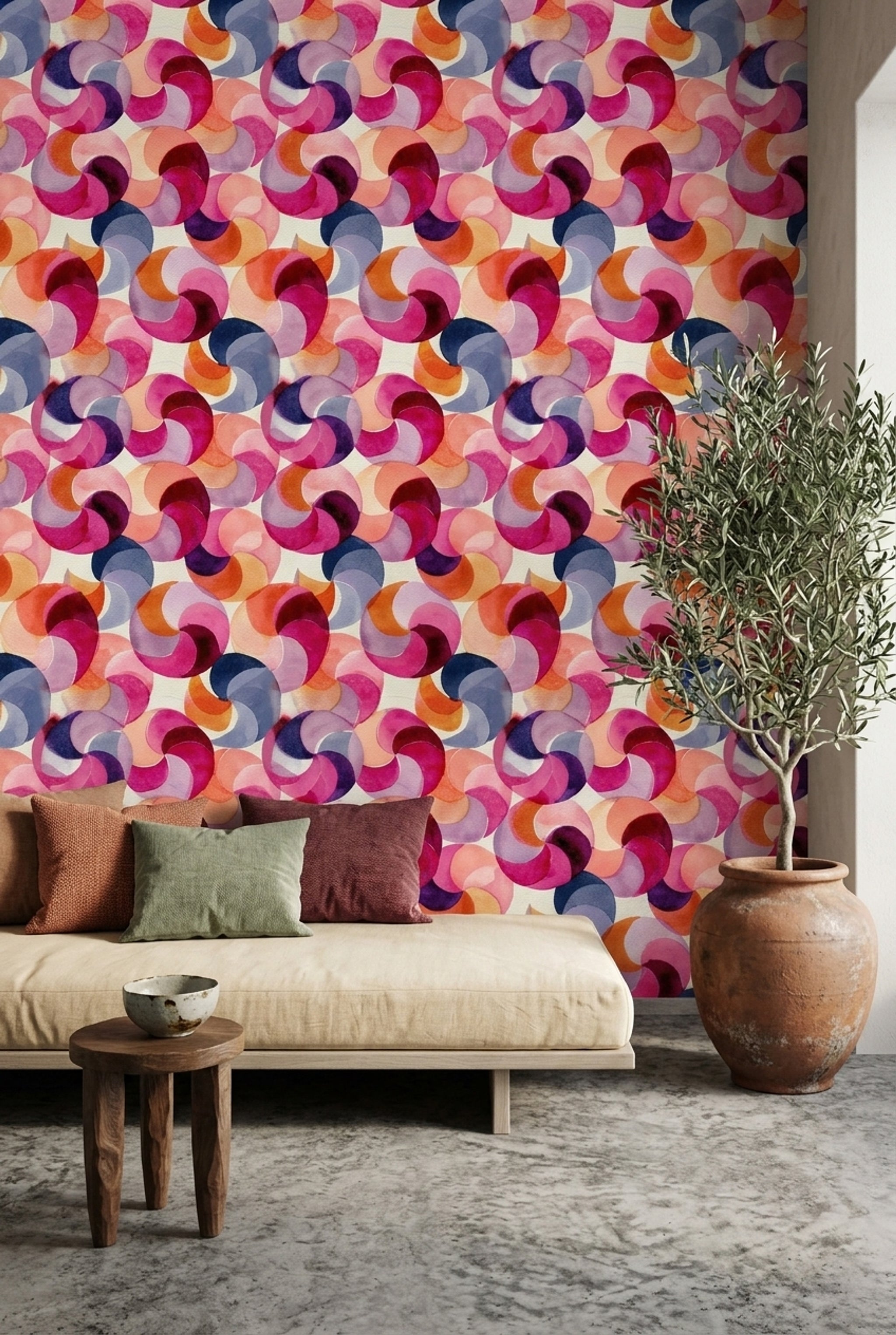 Renkli Geometrik Duvar Kağıdı Modern Dairesel Desenli Salon