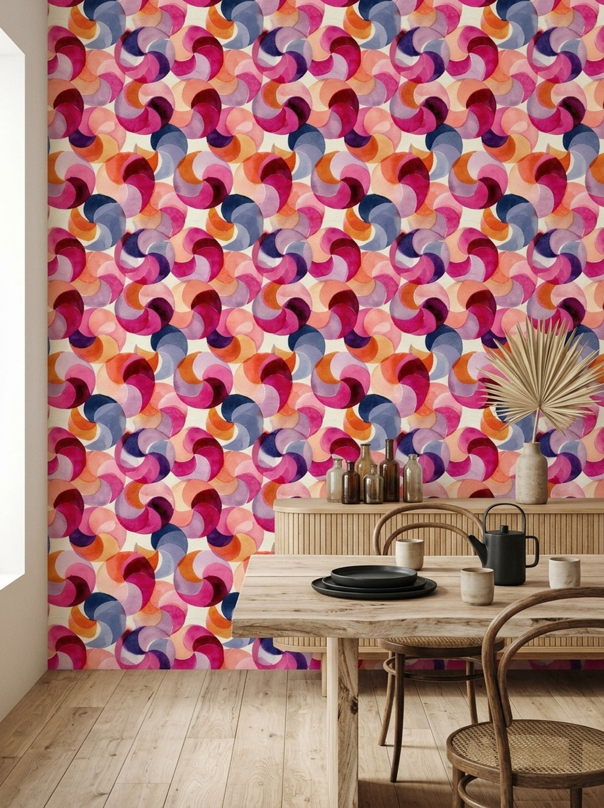 Renkli Geometrik Duvar Kağıdı Modern Dairesel Desenli Salon