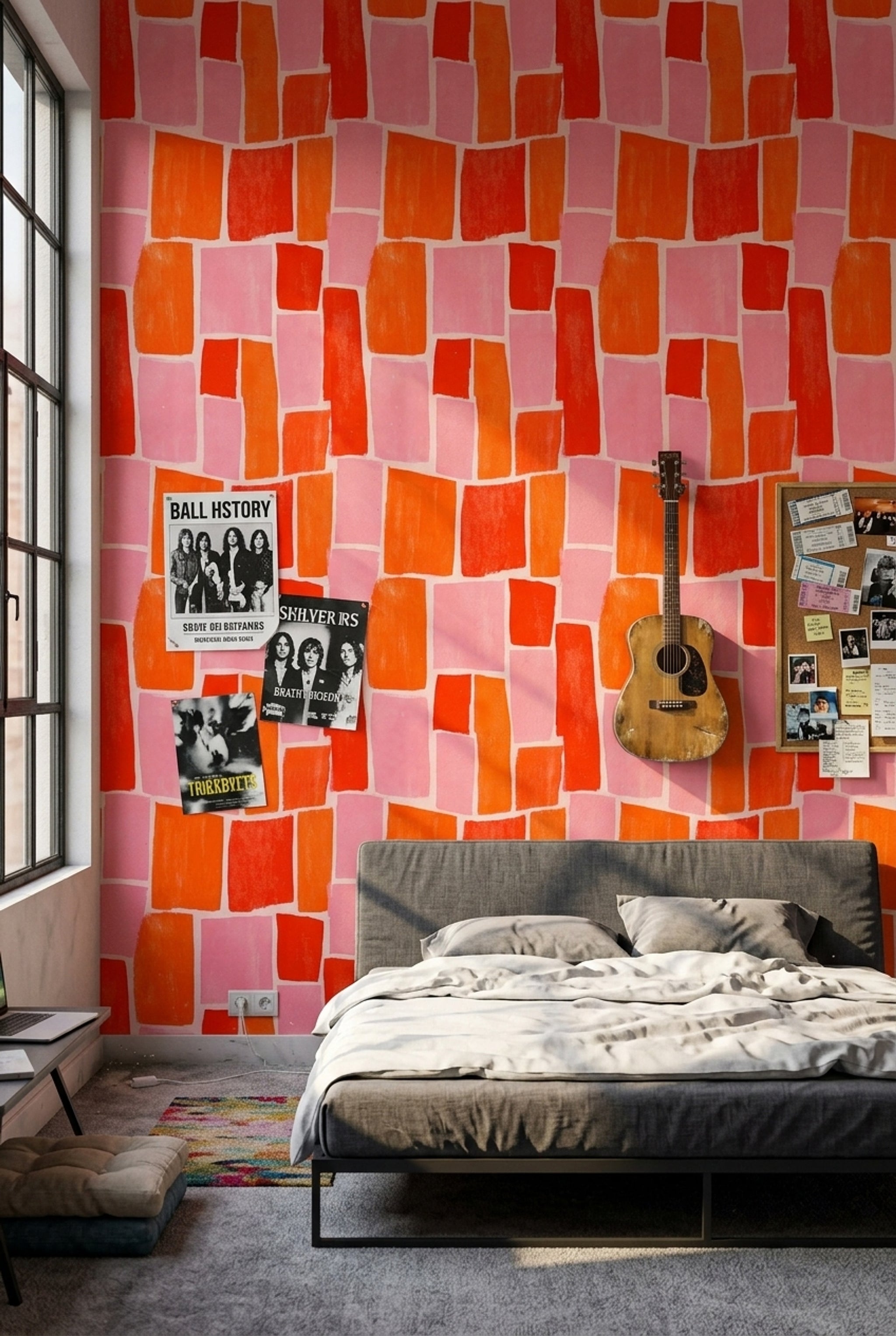 Soyut Geometrik Duvar Kağıdı Turuncu Pembe Desenli Salon