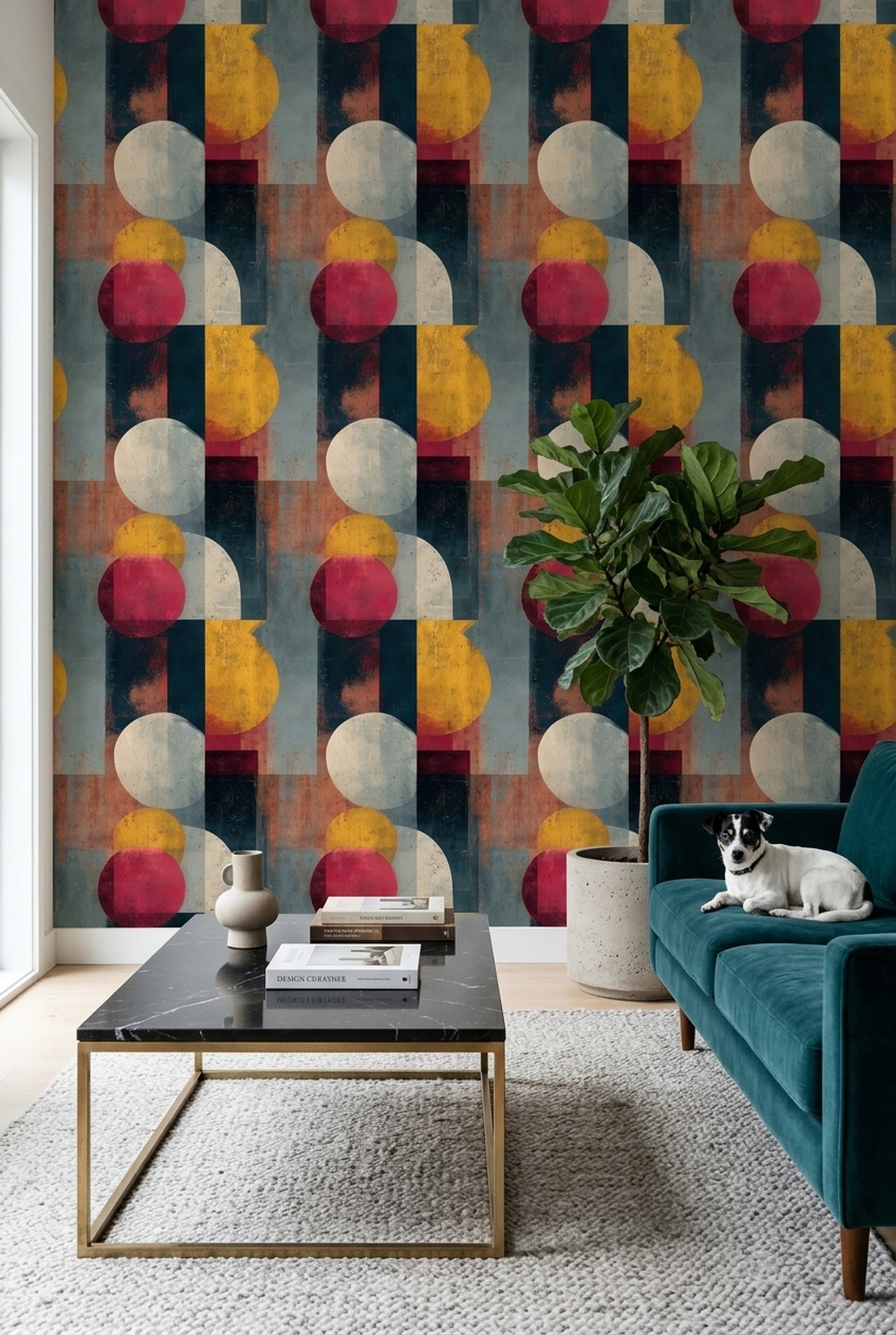 Soyut Geometrik Duvar Kağıdı Hardal Lacivert Retro Salon
