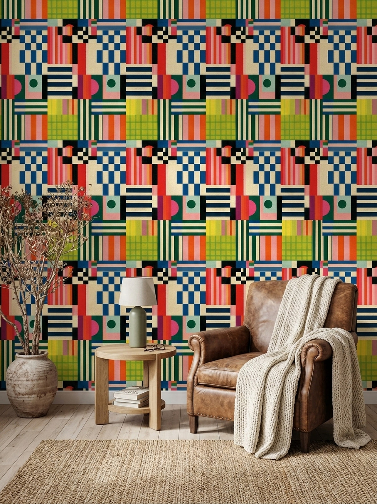 Geometrik Desenli Duvar Kağıdı Renkli Modern Genç Odası