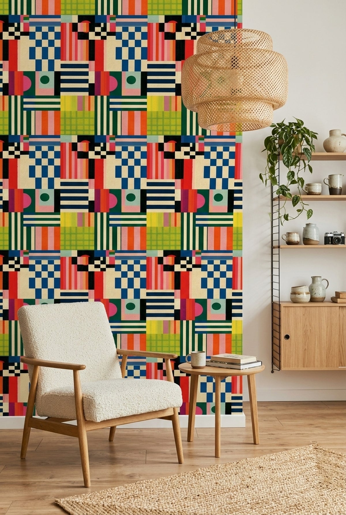 Geometrik Desenli Duvar Kağıdı Renkli Modern Genç Odası