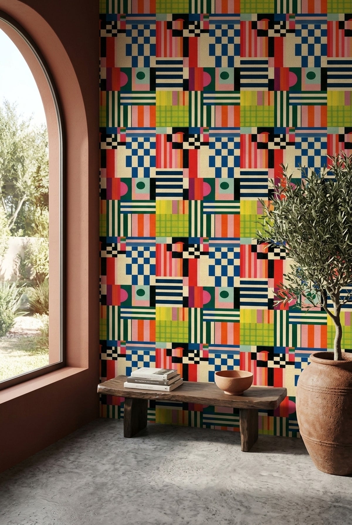 Geometrik Desenli Duvar Kağıdı Renkli Modern Genç Odası