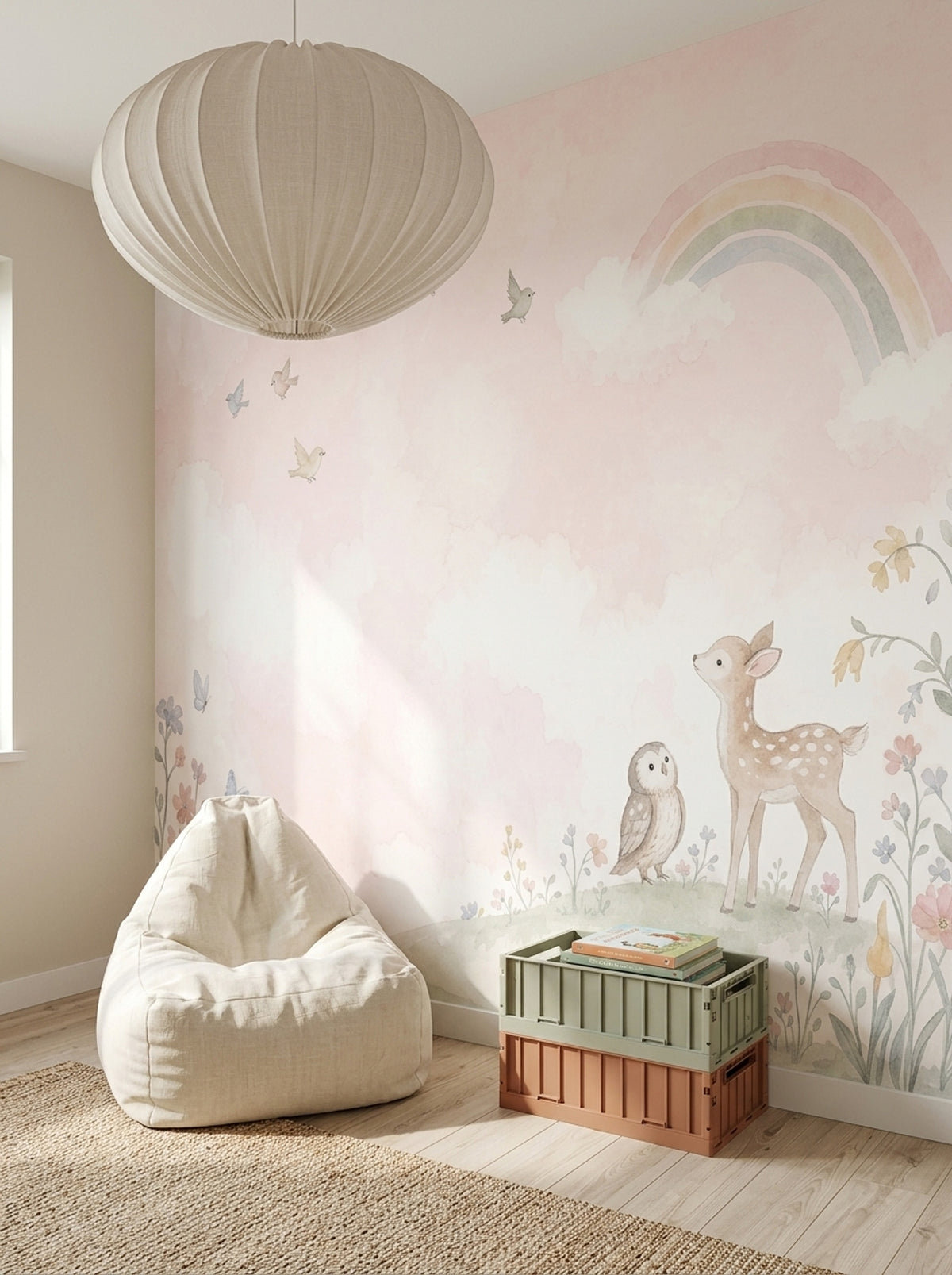 Gökkuşağı Bulutlu Ceylanlı Poster Duvar Kağıdı Pastel Çocuk Odası