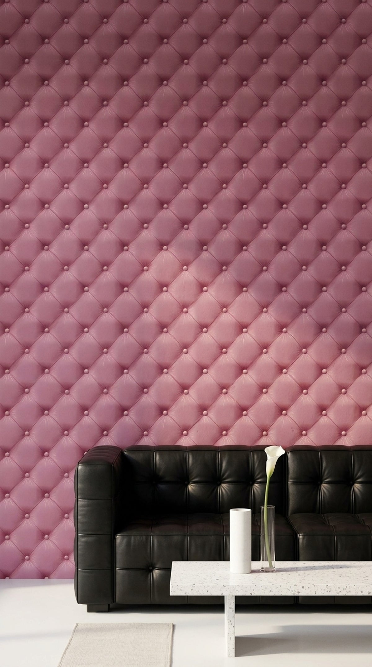 Kapitoneli Deri Görünümlü Duvar Kağıdı Pudra Pembe Salon