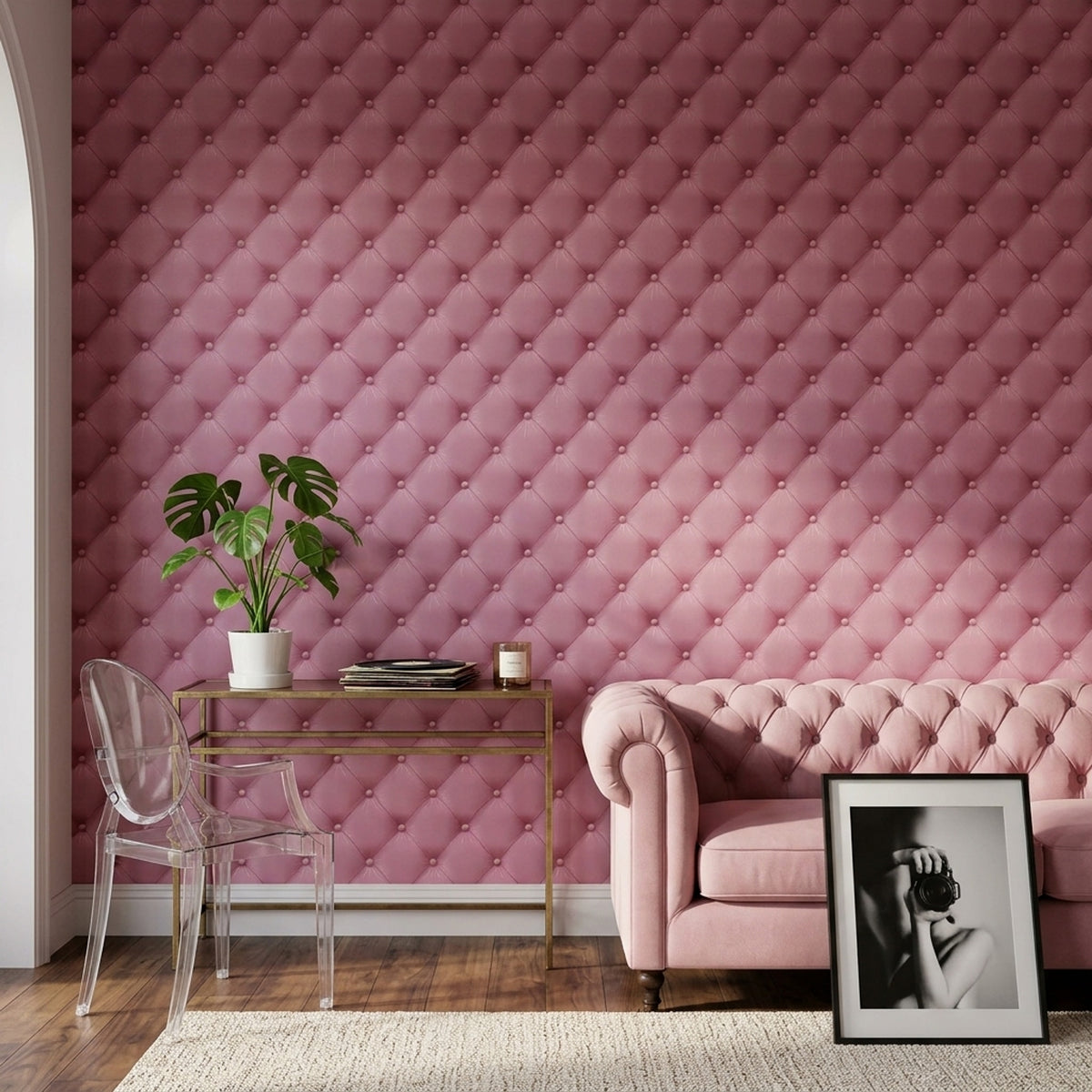 Kapitoneli Deri Görünümlü Duvar Kağıdı Pudra Pembe Salon