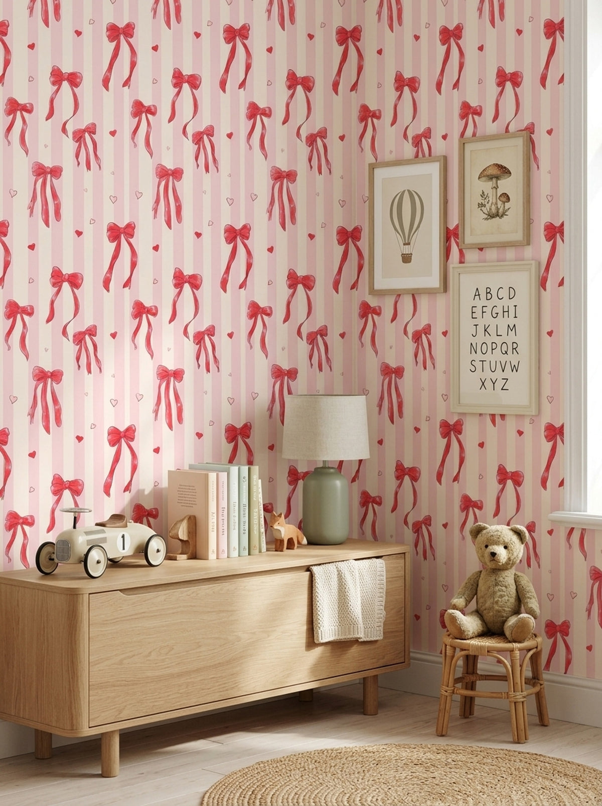 Pembe Fiyonklu Duvar Kağıdı Kız Bebek Odası Çizgili Desen