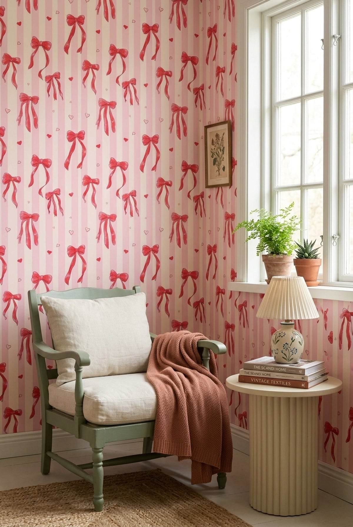 Pembe Fiyonklu Duvar Kağıdı Kız Bebek Odası Çizgili Desen