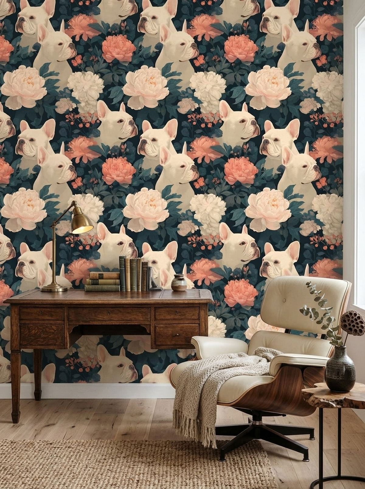 Fransız Bulldog ve Şakayık Duvar Kağıdı Lacivert Salon