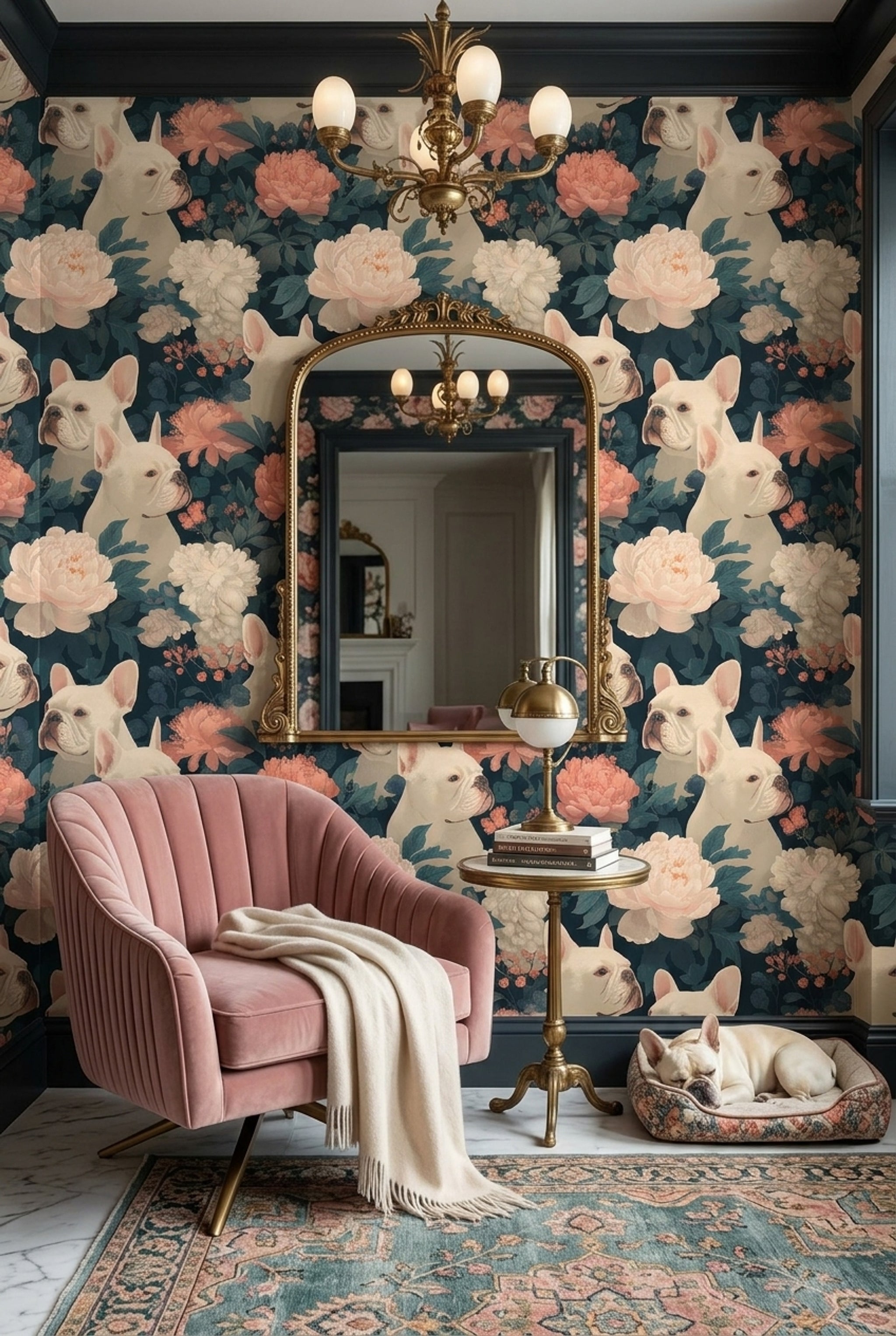 Fransız Bulldog ve Şakayık Duvar Kağıdı Lacivert Salon