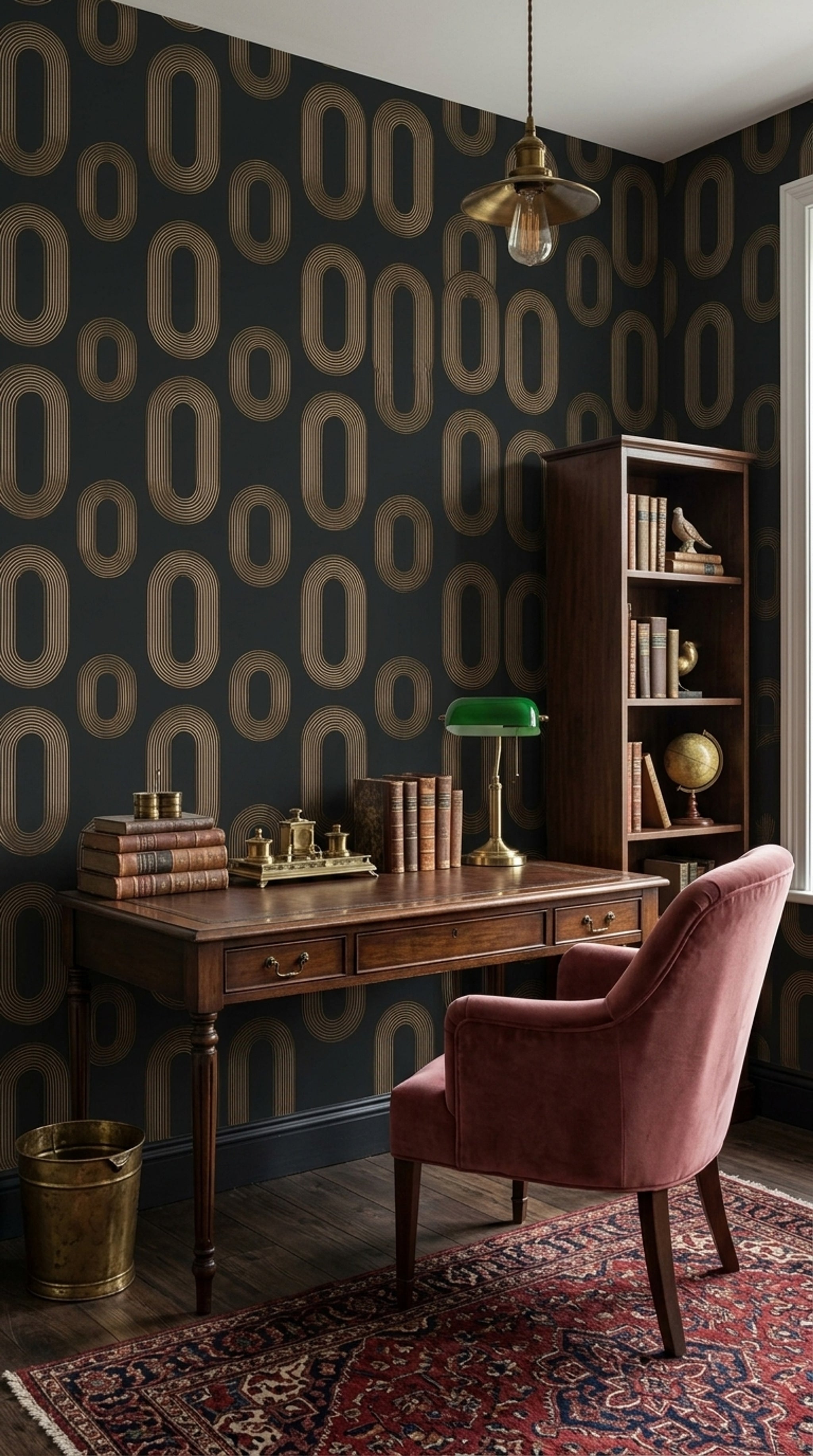 Geometrik Halka Desenli Duvar Kağıdı Siyah Altın Salon