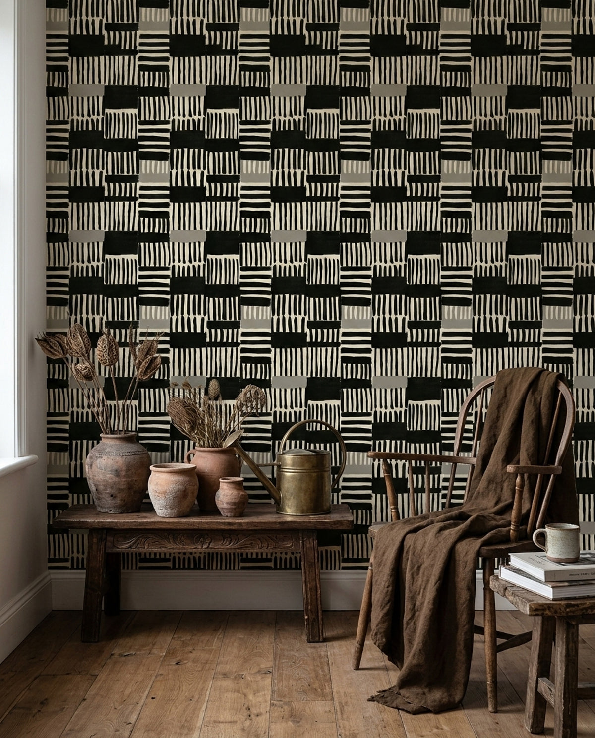 Siyah Beyaz Geometrik Duvar Kağıdı Modern Çizgili Salon