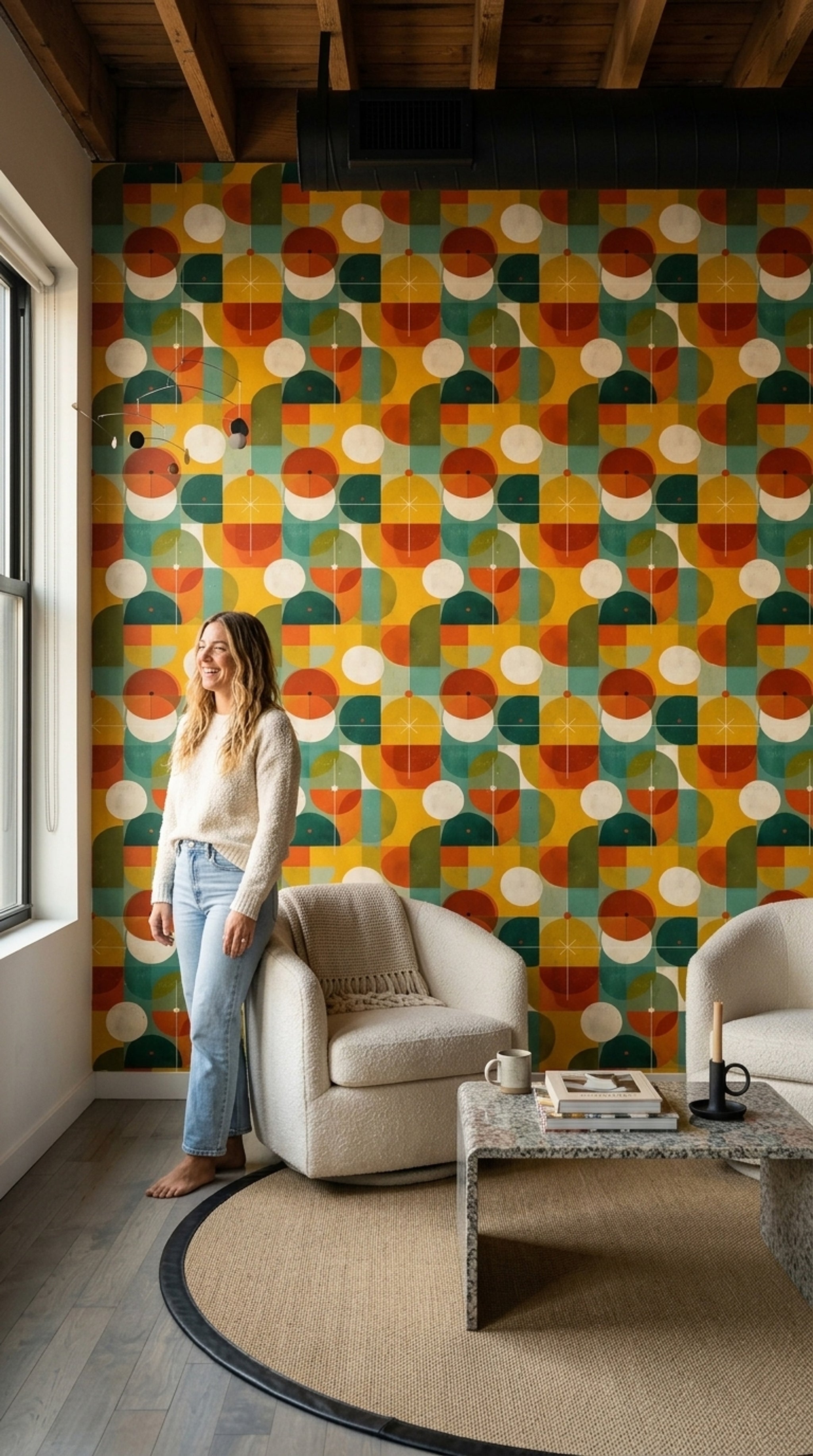 Retro Geometrik Duvar Kağıdı Hardal Yeşil Desenli Salon