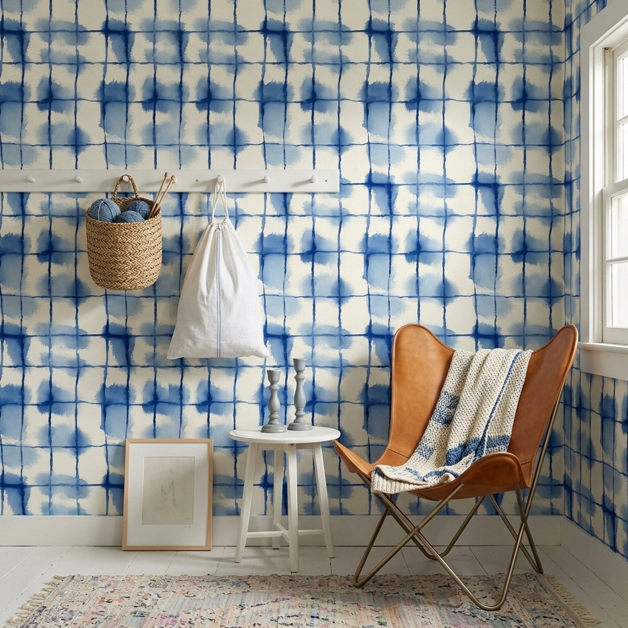 Mavi Batik Kareli Duvar Kağıdı Modern Banyo Deseni