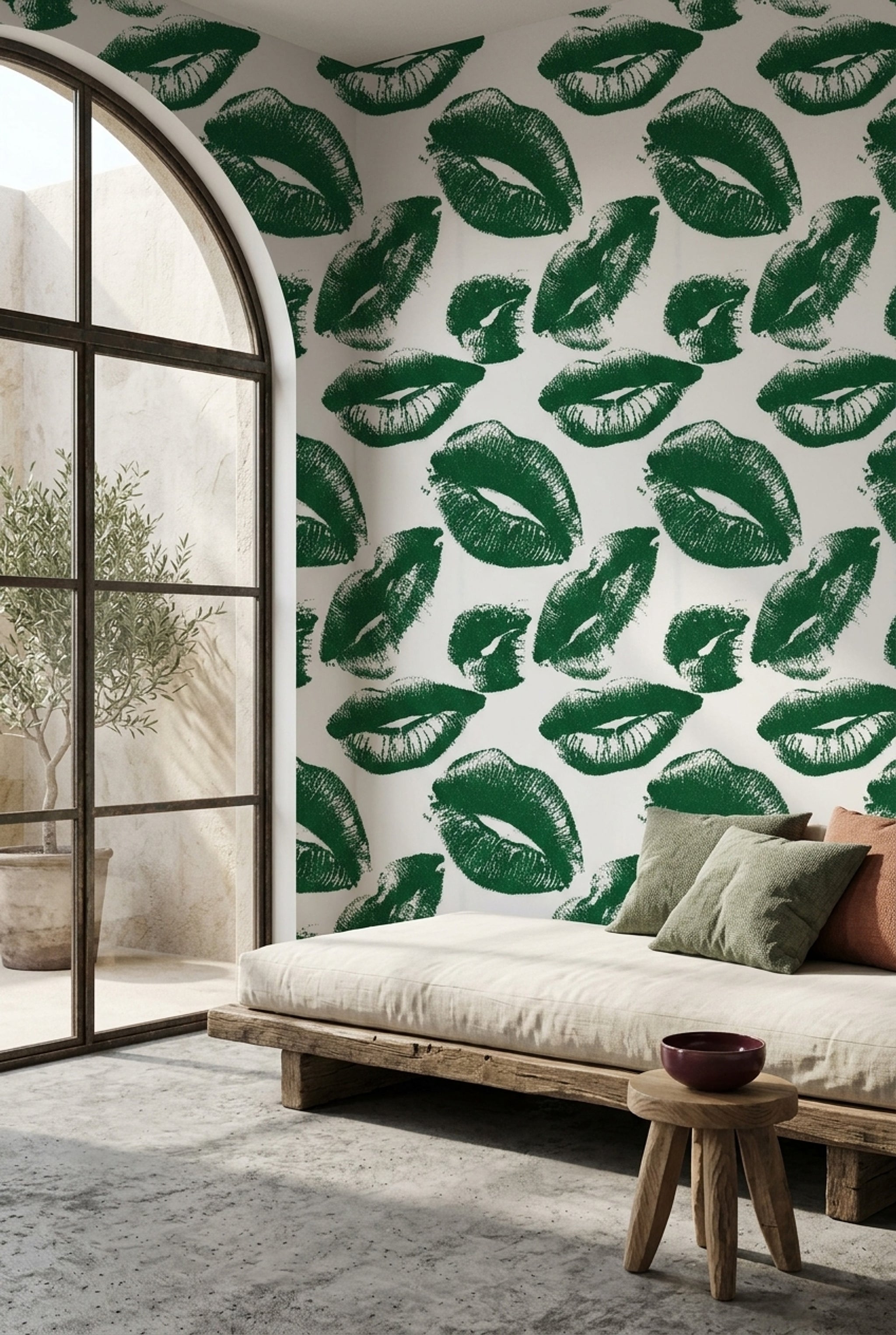 Yeşil Dudak Desenli Duvar Kağıdı Modern Salon Yatak Odası