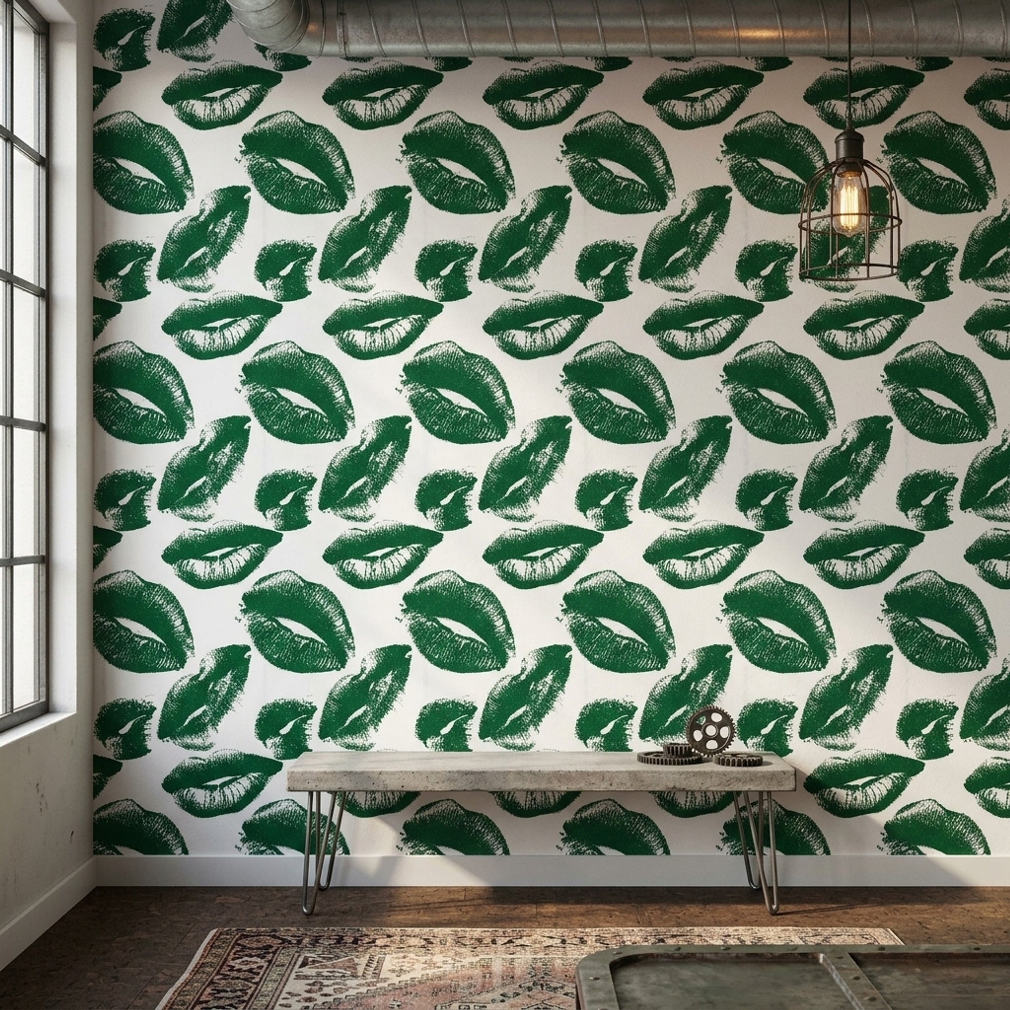 Yeşil Dudak Desenli Duvar Kağıdı Modern Salon Yatak Odası