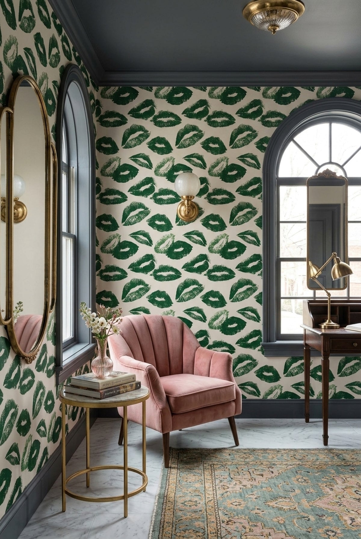 Yeşil Ruj İzi Desenli Duvar Kağıdı Modern Salon