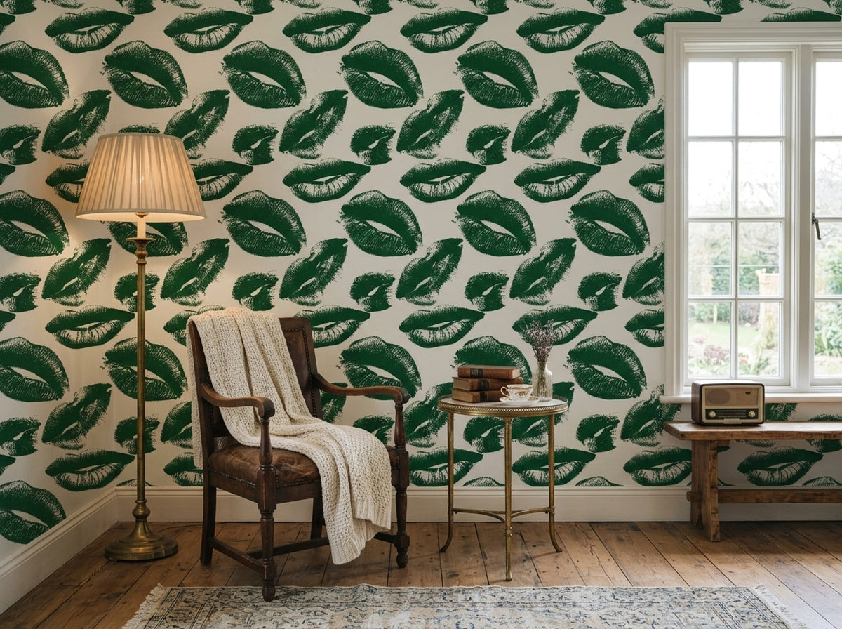Yeşil Dudak Desenli Duvar Kağıdı Modern Salon Yatak Odası