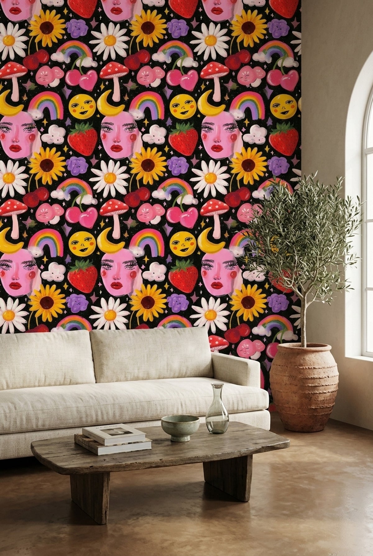 Renkli Pop Art Desenli Duvar Kağıdı Siyah Zemin
