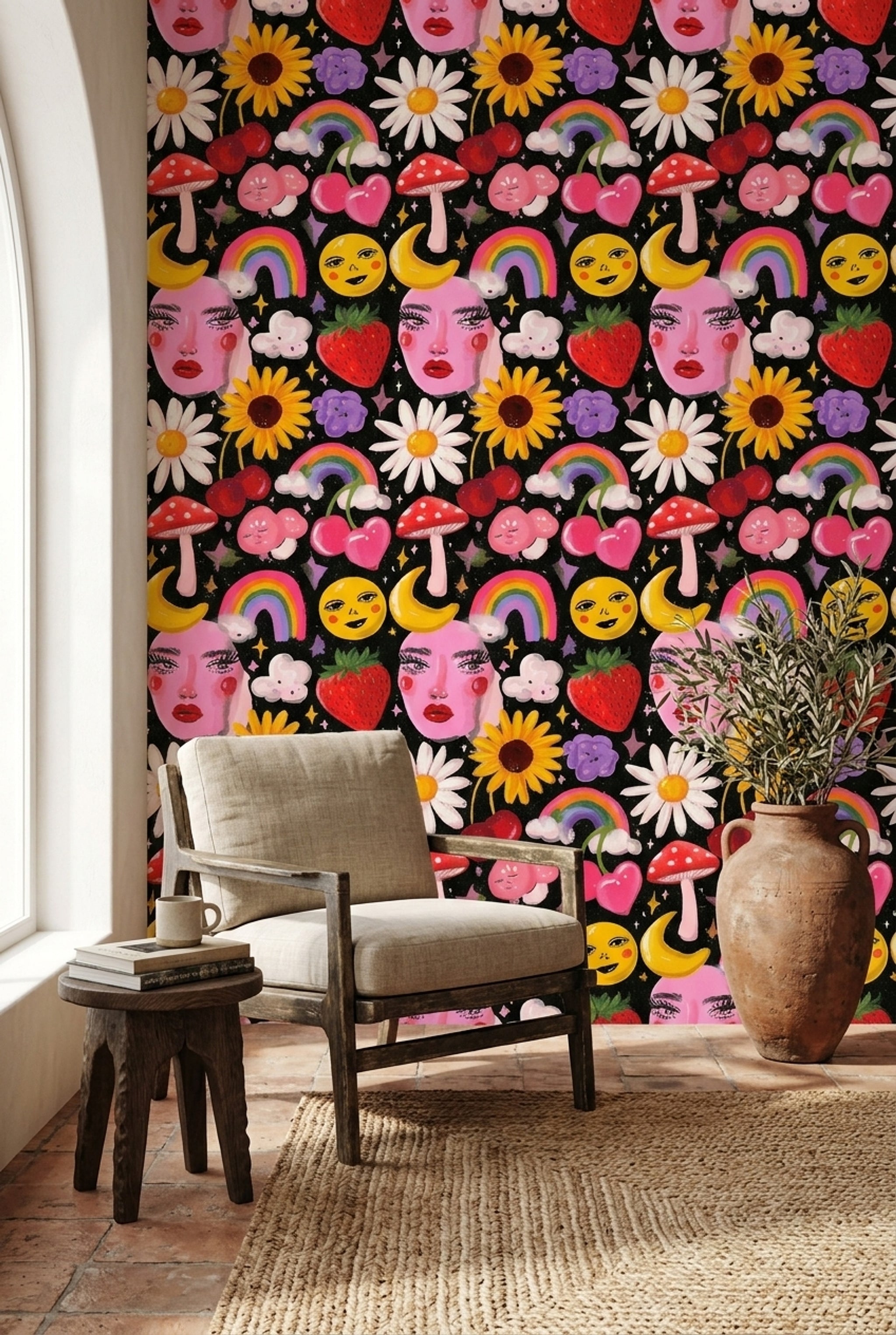 Renkli Pop Art Desenli Duvar Kağıdı Siyah Zemin