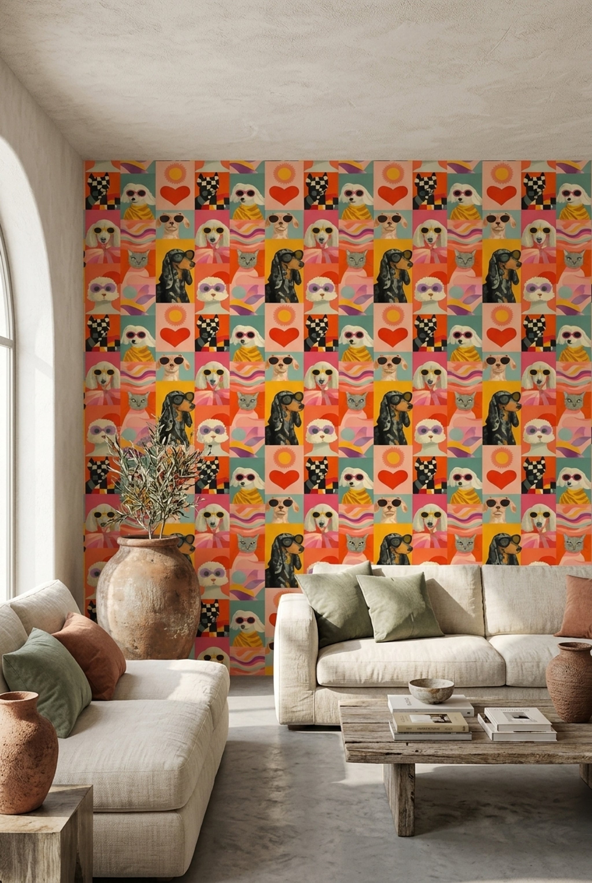 Renkli Hayvan İllüstrasyonlu Duvar Kağıdı Modern Pop Art Desen