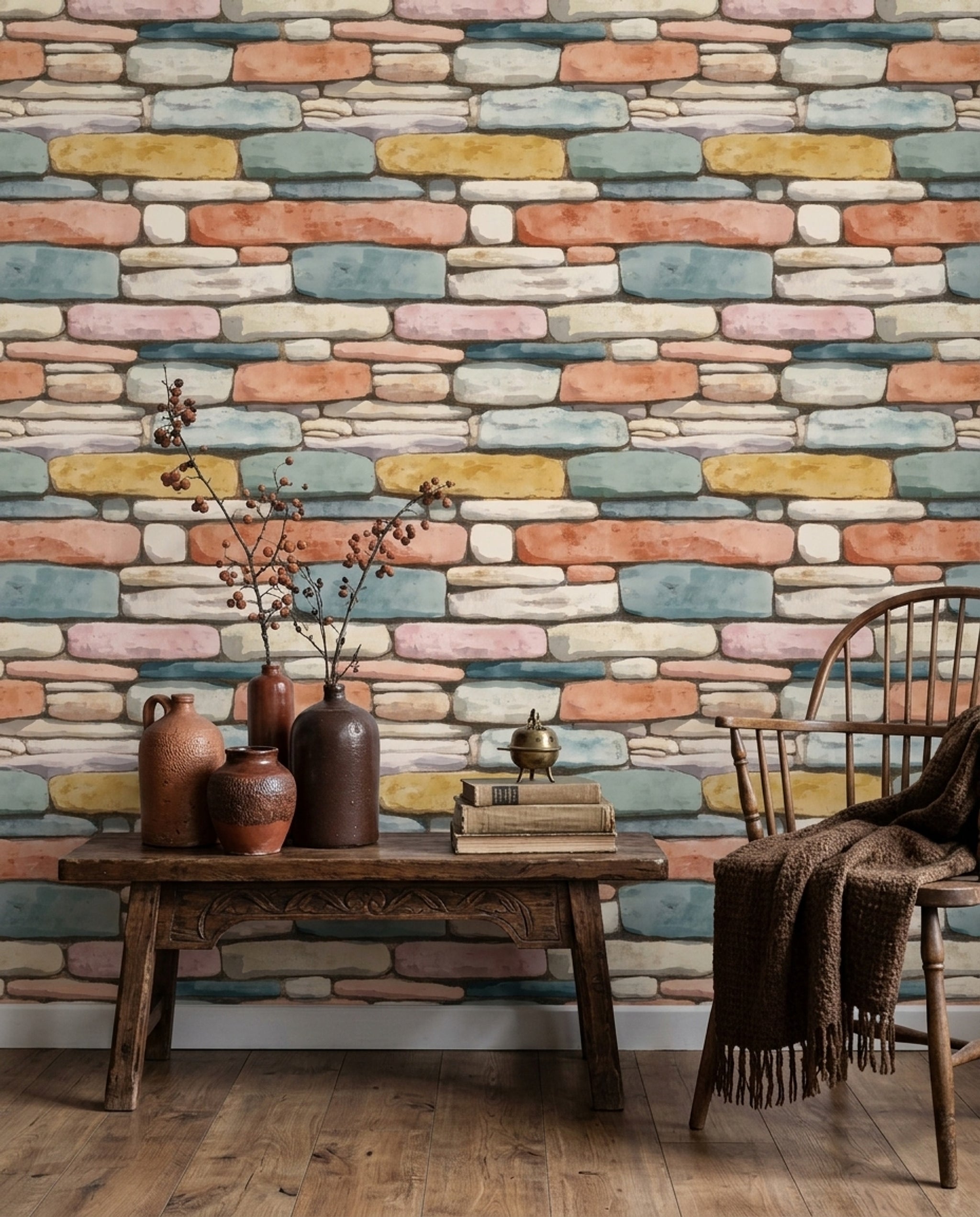 Renkli Tuğla Görünümlü Duvar Kağıdı Pastel Salon Duvarı