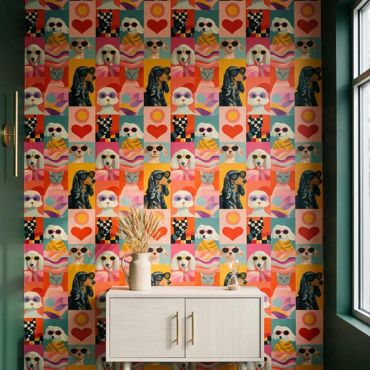 Renkli Hayvan İllüstrasyonlu Duvar Kağıdı Modern Pop Art Desen