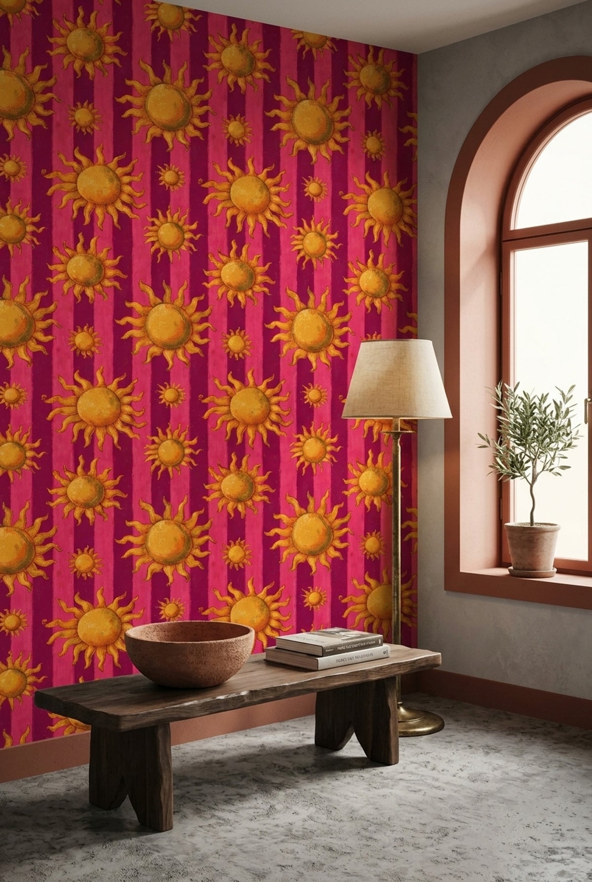 Güneş Motifli Duvar Kağıdı Fuşya Çizgili Retro Salon