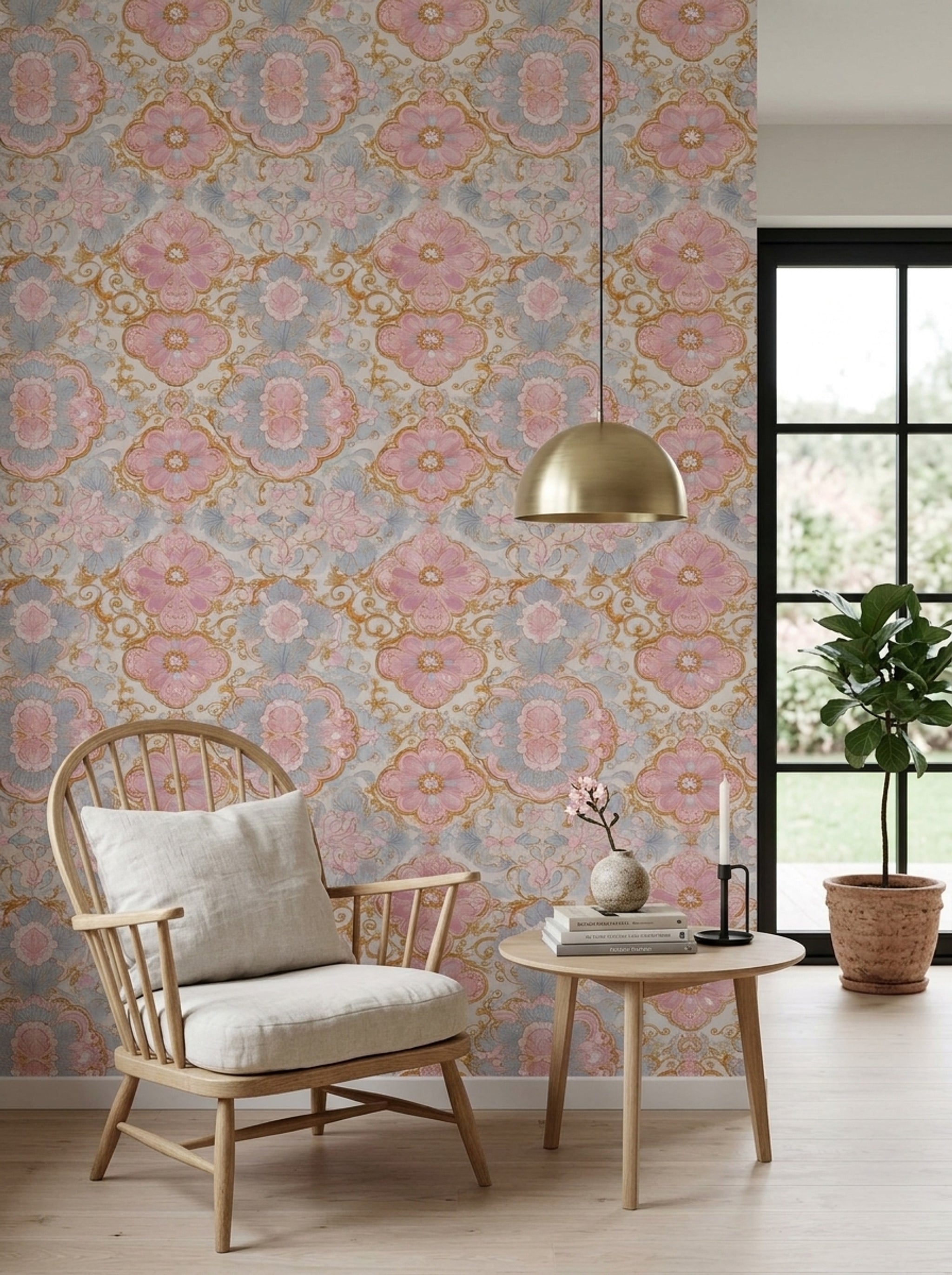 Klasik Çiçekli Duvar Kağıdı Pudra Pembe Desenli Salon