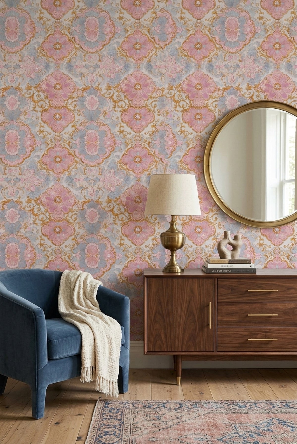 Klasik Çiçekli Duvar Kağıdı Pudra Pembe Desenli Salon