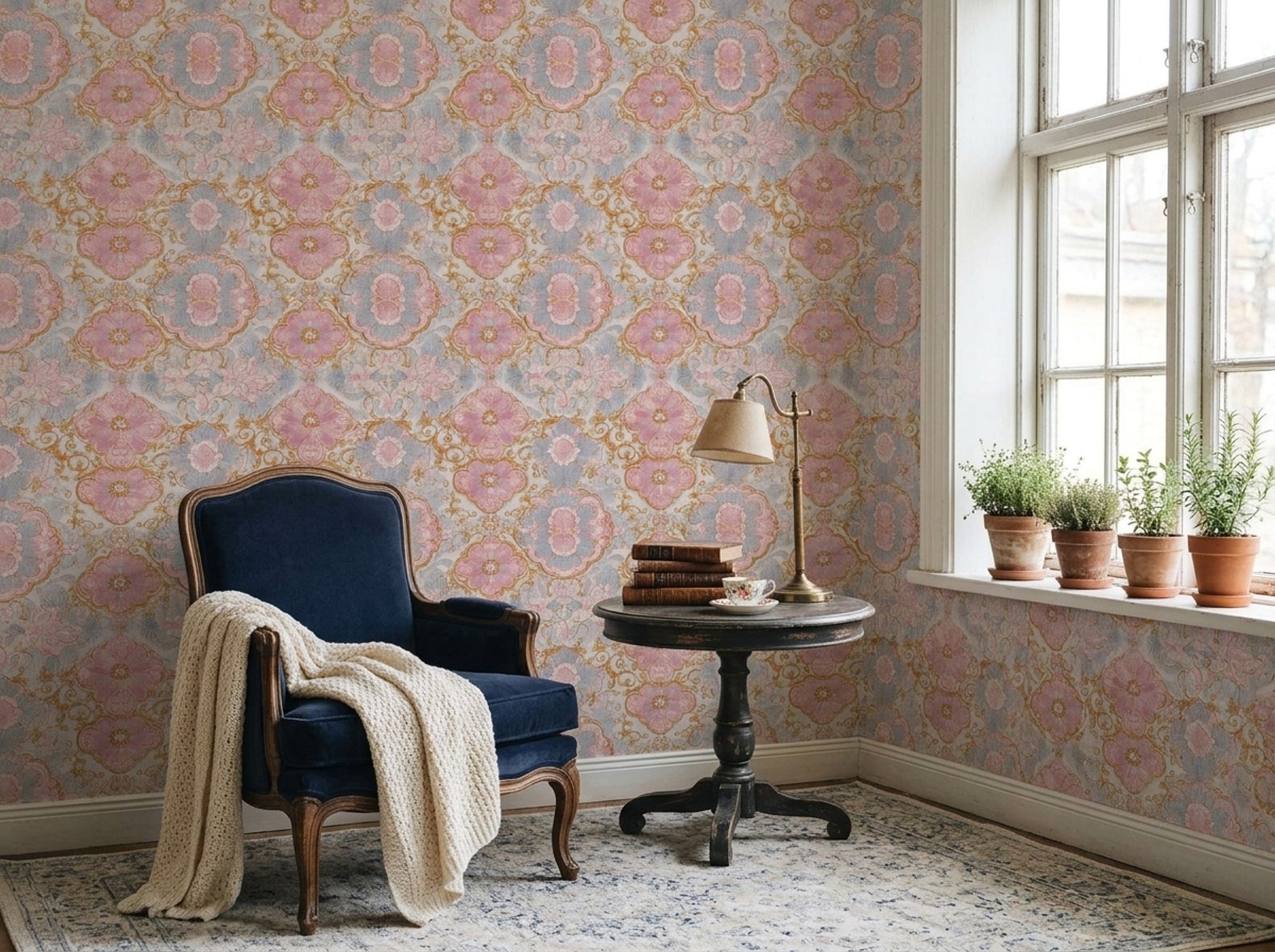 Klasik Çiçekli Duvar Kağıdı Pudra Pembe Desenli Salon