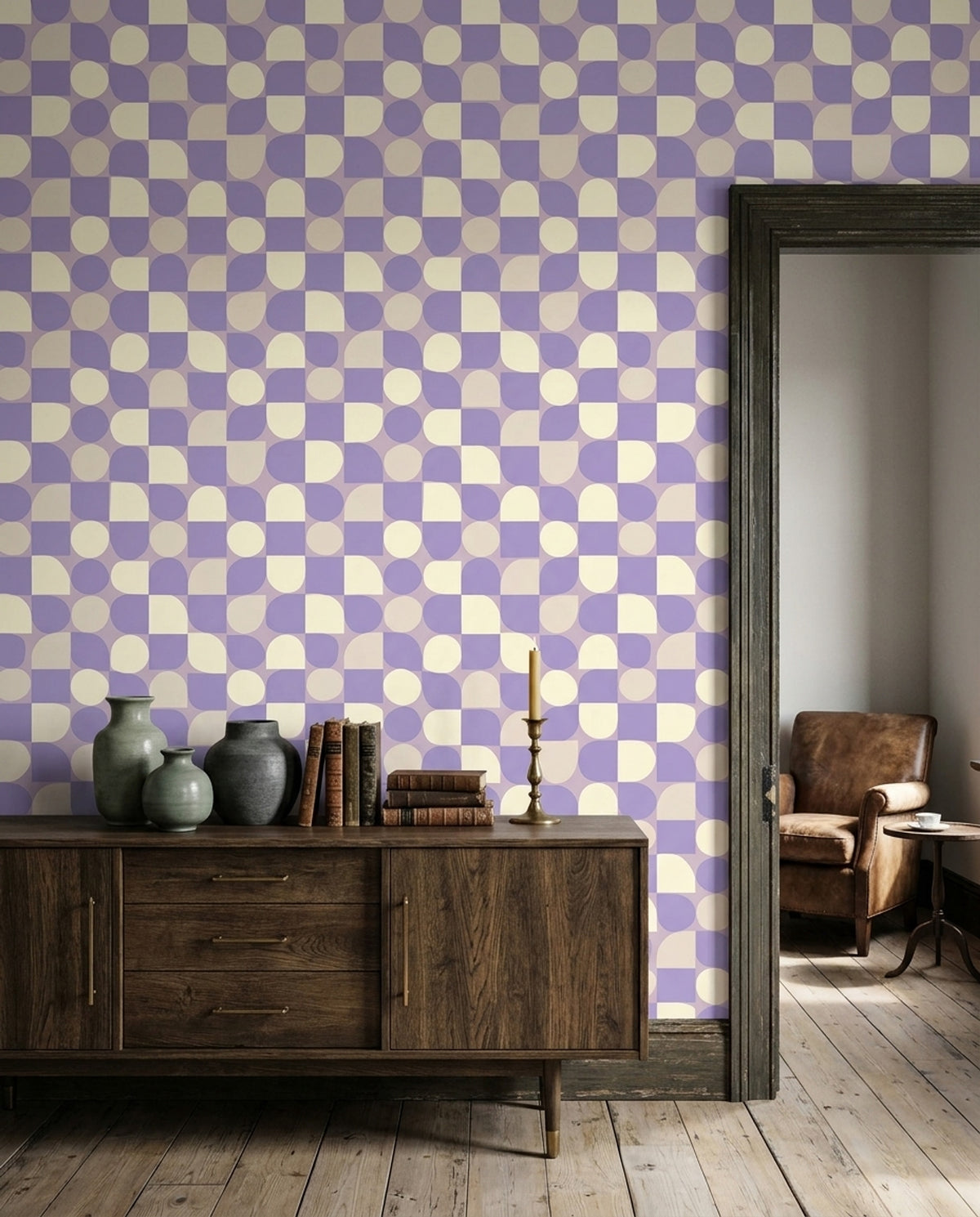 Geometrik Damalı Duvar Kağıdı Lila Krem Banyo Desenli