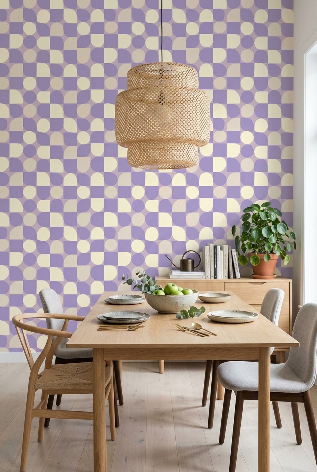 Geometrik Damalı Duvar Kağıdı Lila Krem Banyo Desenli
