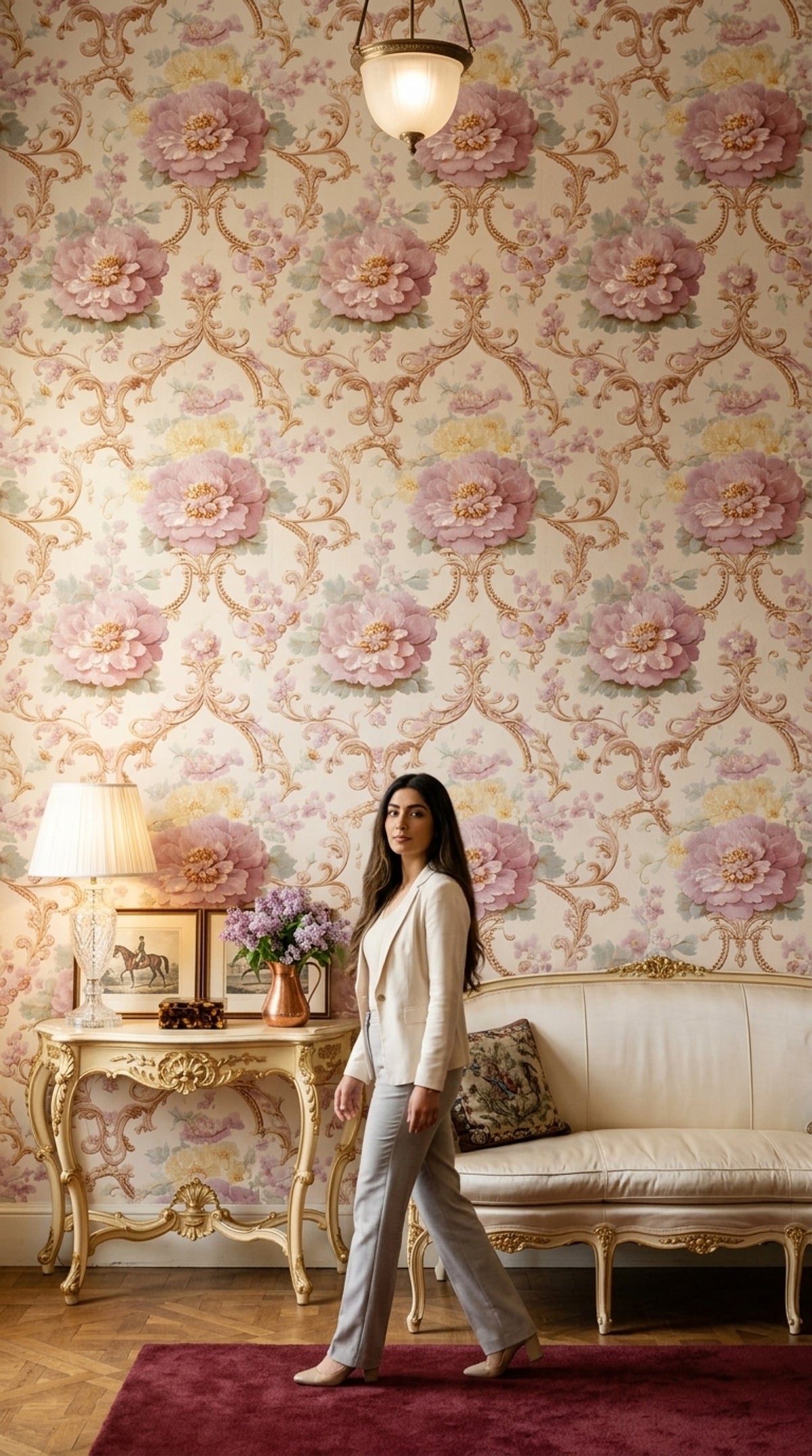 Vintage Gül Desenli Duvar Kağıdı Pudra Pembe Krem Salon