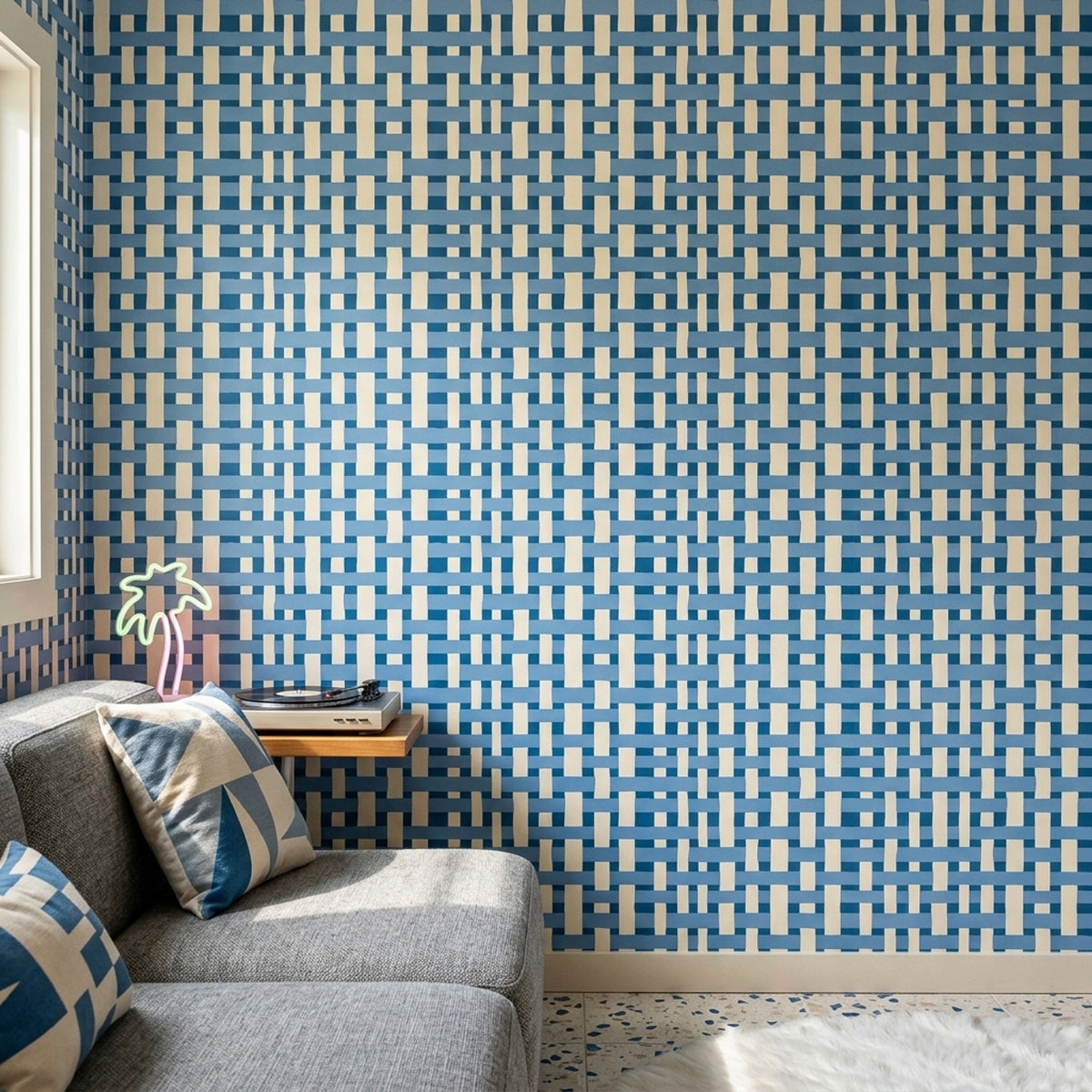 Geometrik Örgü Desenli Duvar Kağıdı Mavi Bej Salon