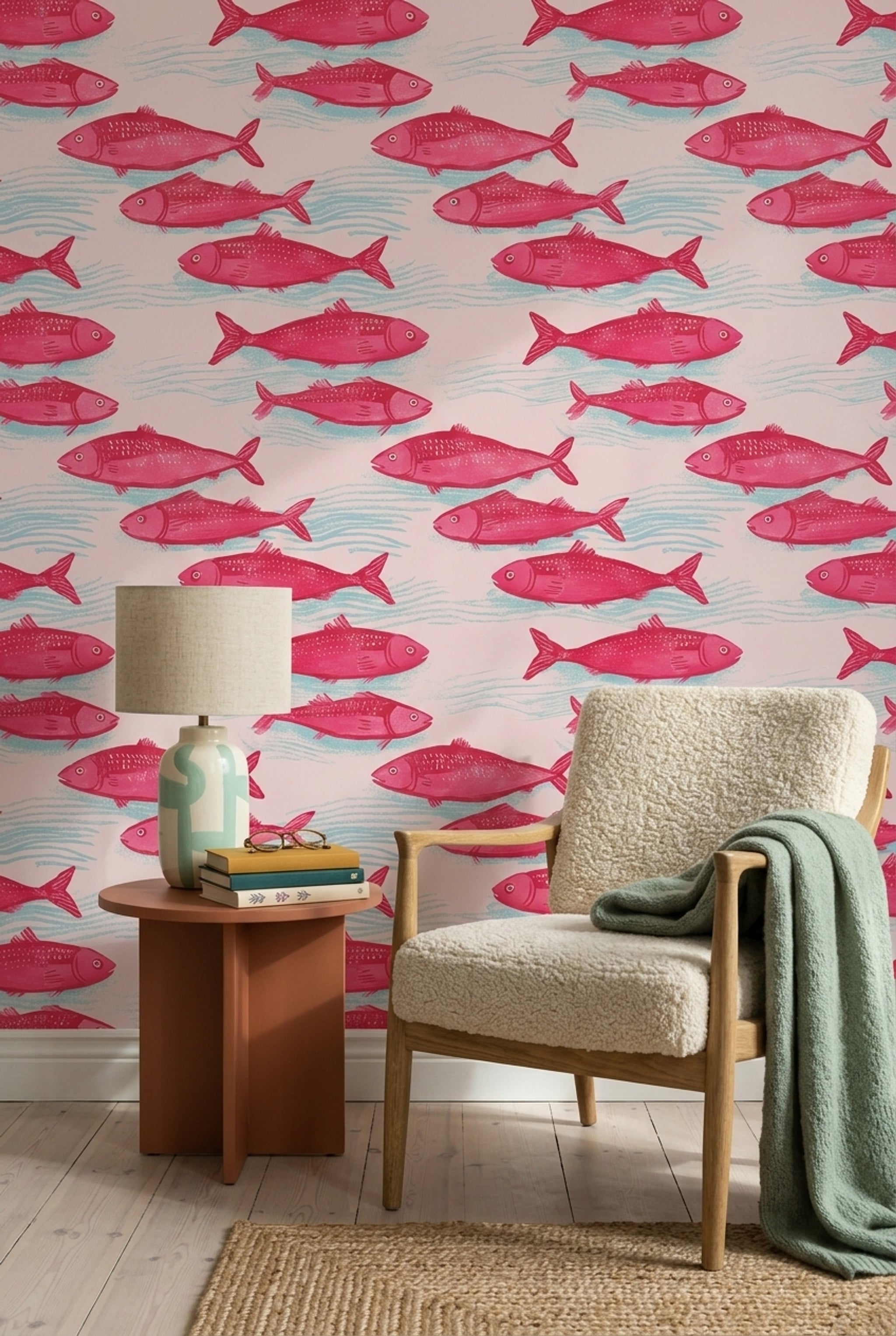Pembe Balık Desenli Duvar Kağıdı Çocuk Odası Deniz Teması