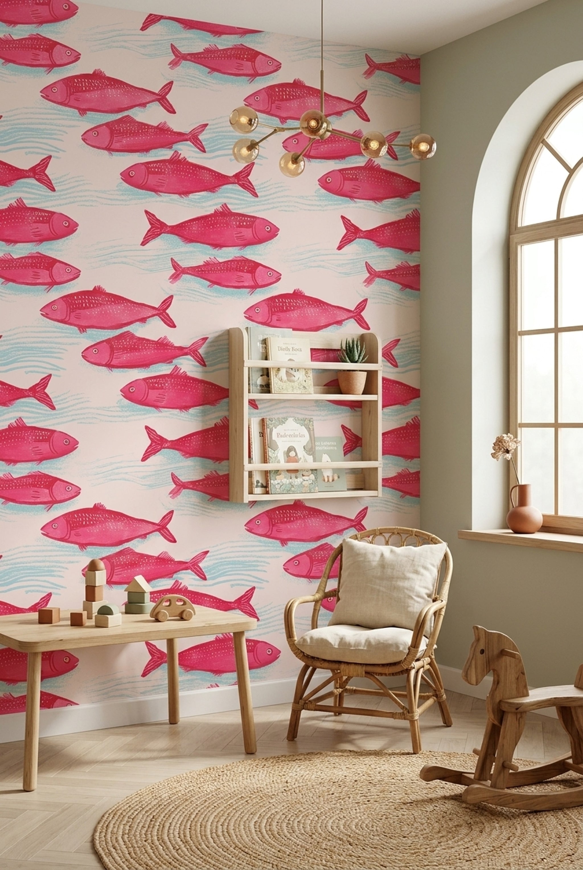 Pembe Balık Desenli Duvar Kağıdı Çocuk Odası Deniz Teması