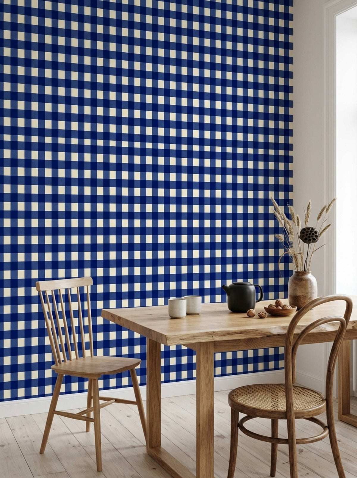 Lacivert Beyaz Kareli Duvar Kağıdı Modern Salon Dekoru