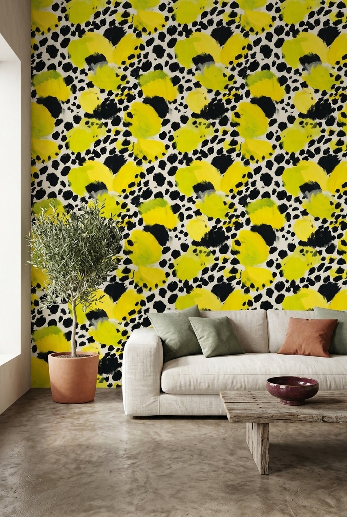 Sarı Siyah Leopar Desenli Duvar Kağıdı Modern Salon