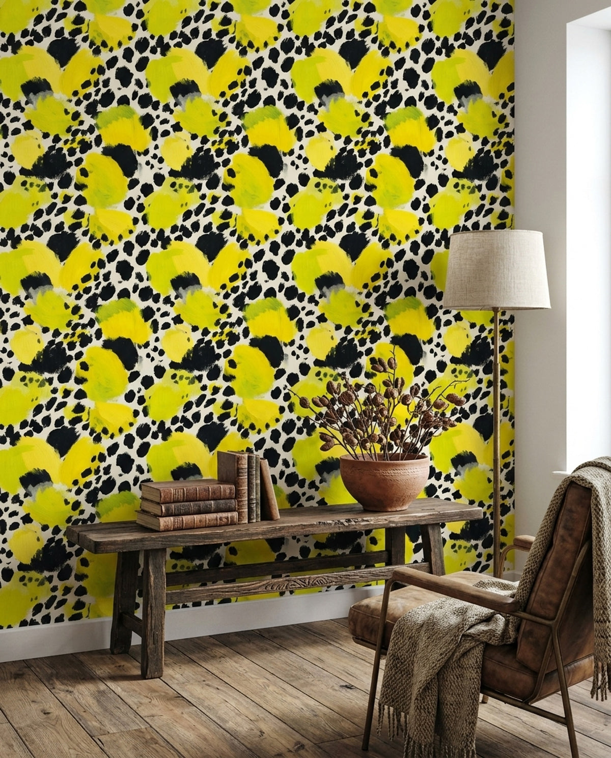 Sarı Siyah Leopar Desenli Duvar Kağıdı Modern Salon