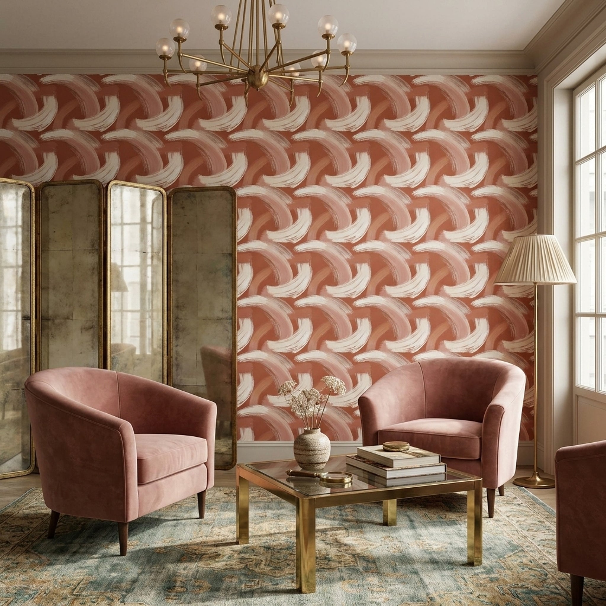 Soyut Fırça Darbeli Duvar Kağıdı Terracotta Beyaz Salon