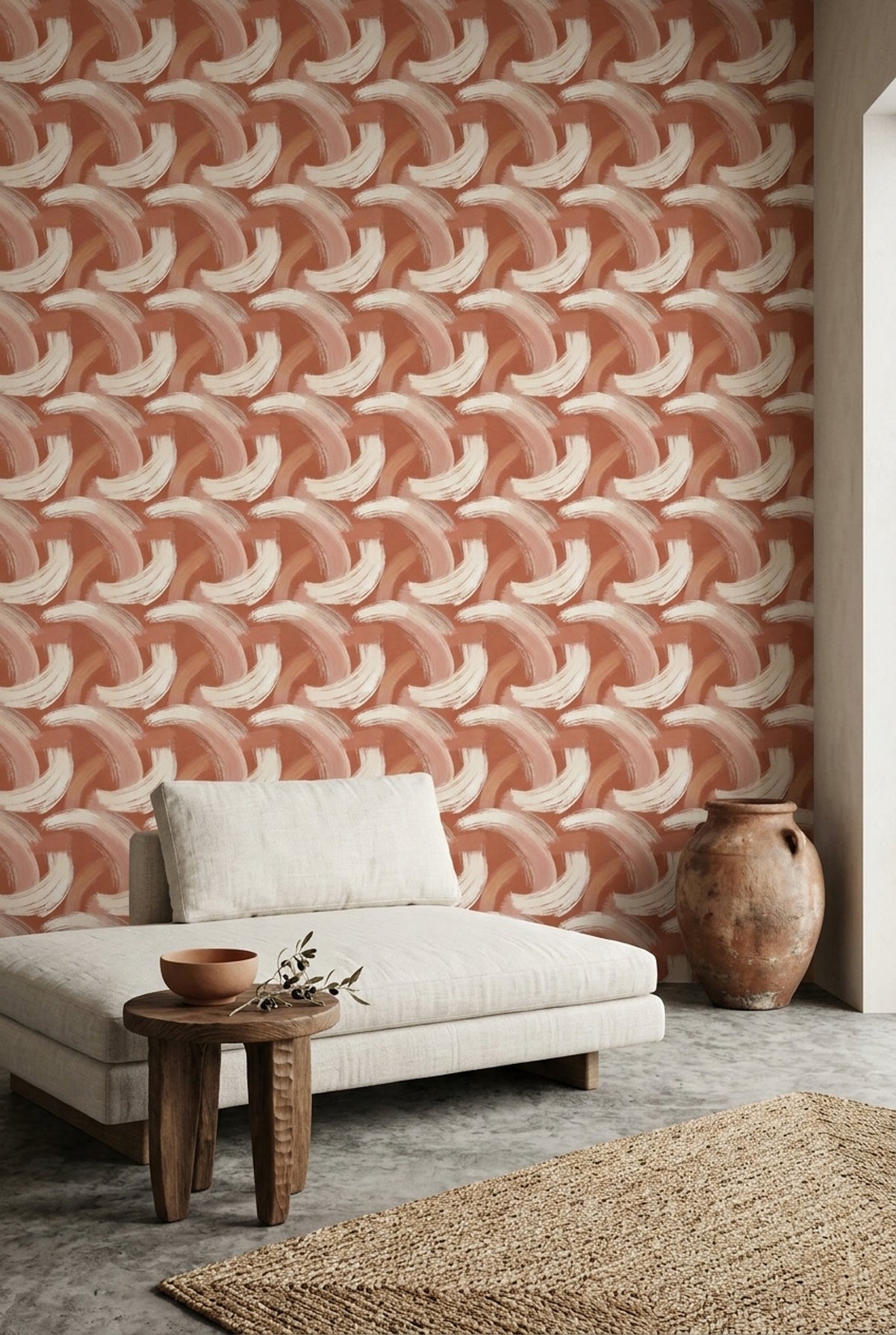 Soyut Fırça Darbeli Duvar Kağıdı Terracotta Beyaz Salon