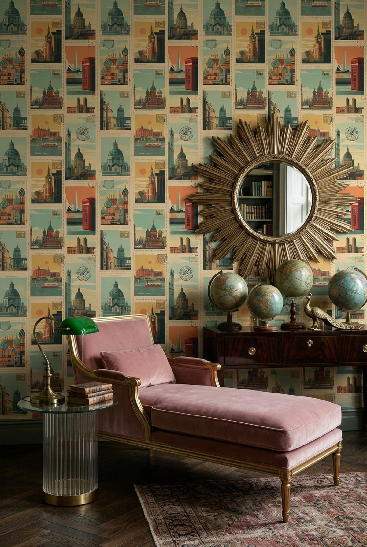 Şehir Kartpostallı Duvar Kağıdı Turuncu Mavi Retro Salon