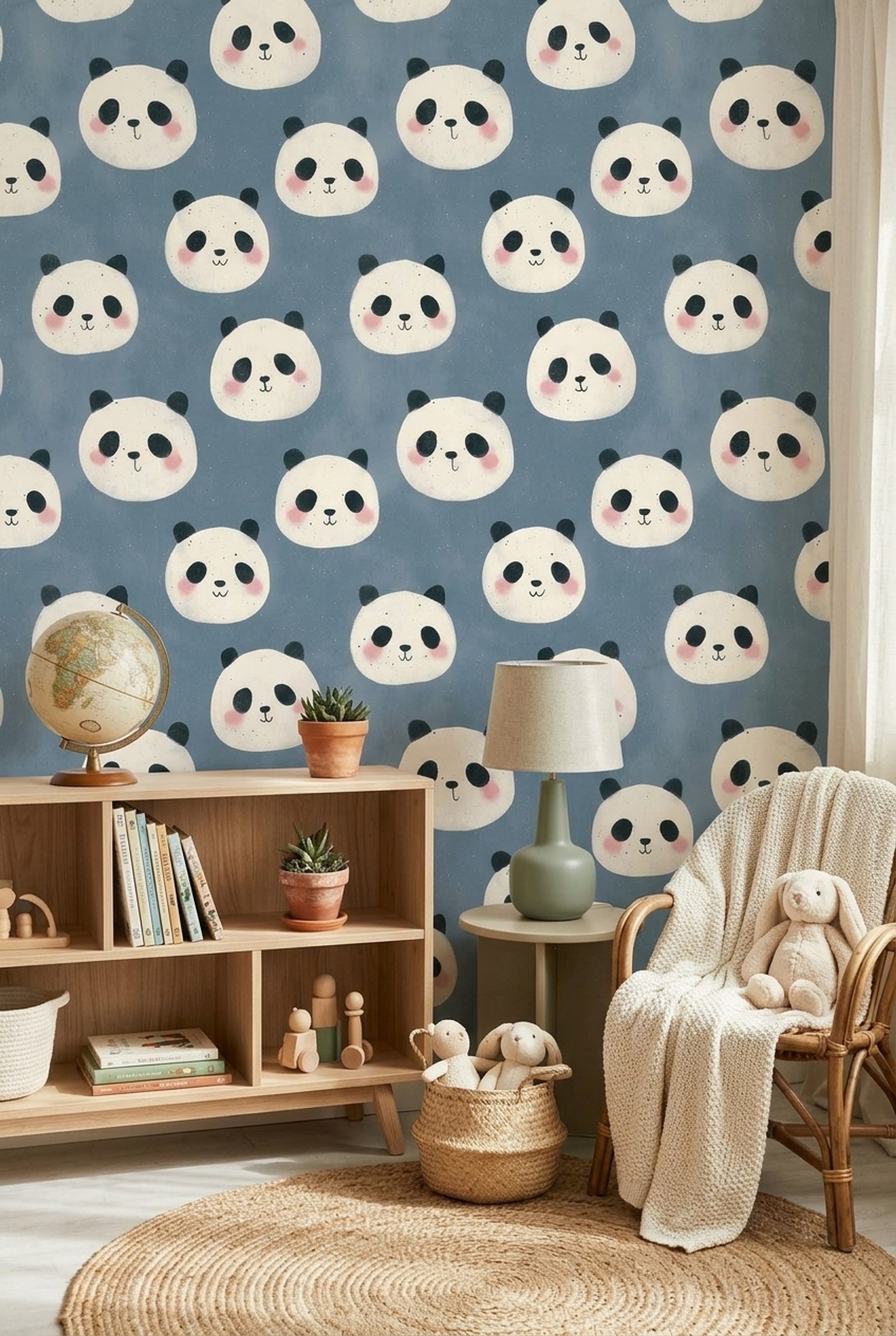 Panda Desenli Duvar Kağıdı Mavi Çocuk Odası Duvar Dekoru
