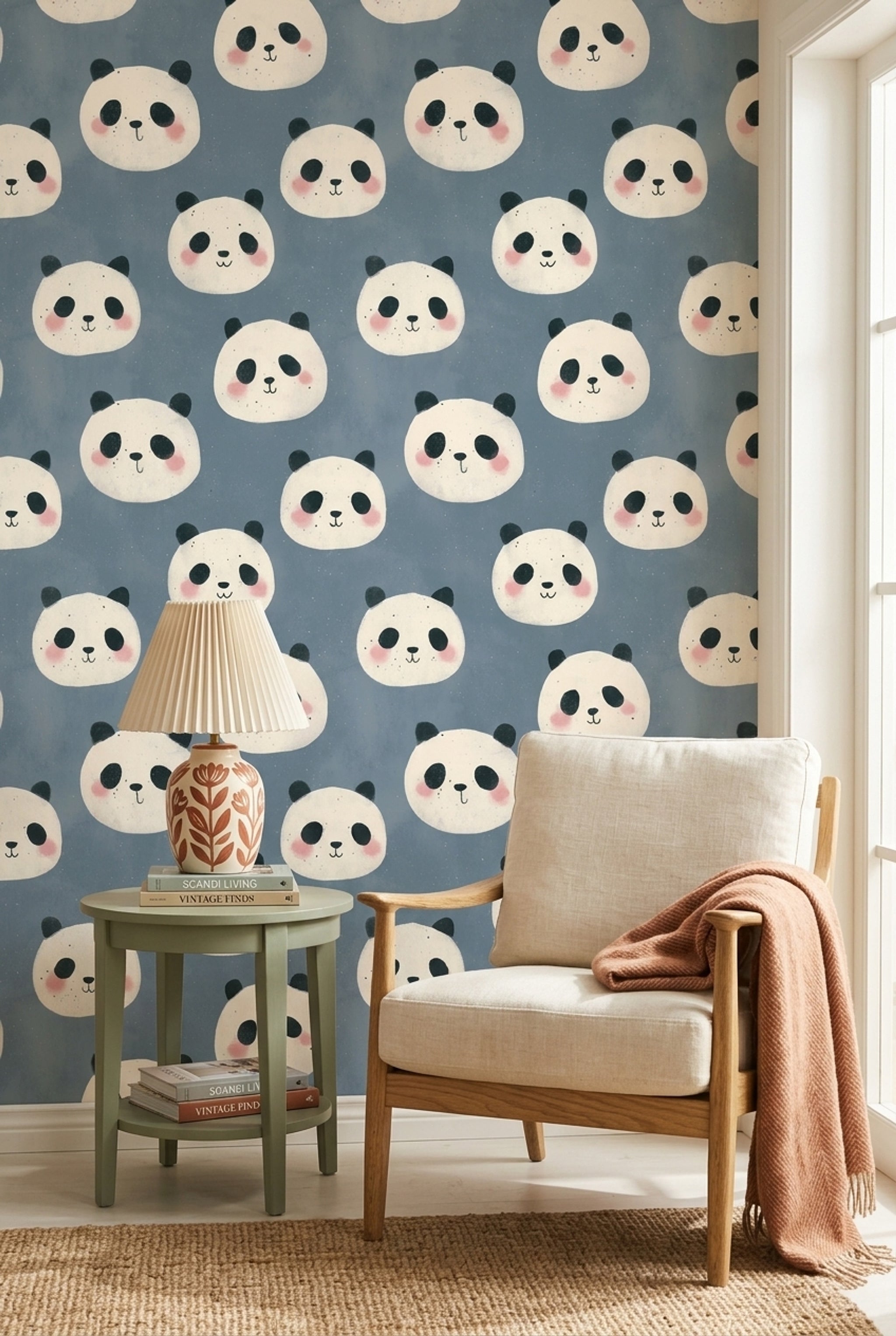 Panda Desenli Duvar Kağıdı Mavi Çocuk Odası Duvar Dekoru